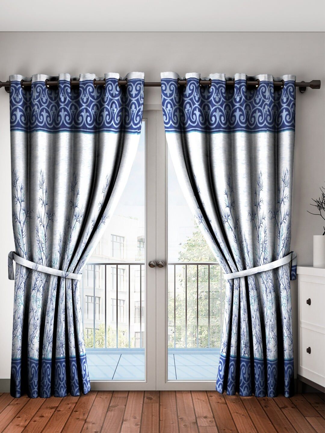 Home Sizzler Blue & White Set of 2 Floral Long Door Curtain Price in India