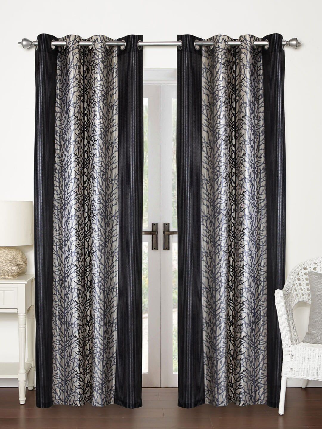 Home Sizzler Grey & Black Set of 2 Ethnic Motifs Long Door Curtain Price in India