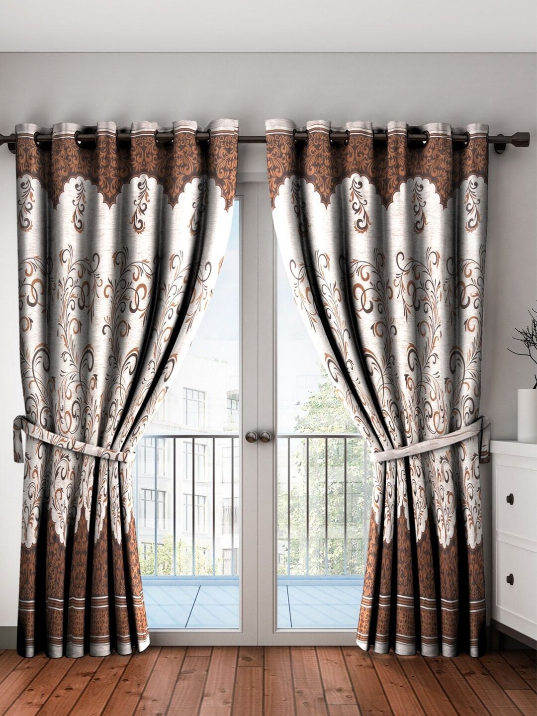 Home Sizzler Cream & Brown Set of 2 Ethnic Motifs Long Door Curtain Price in India