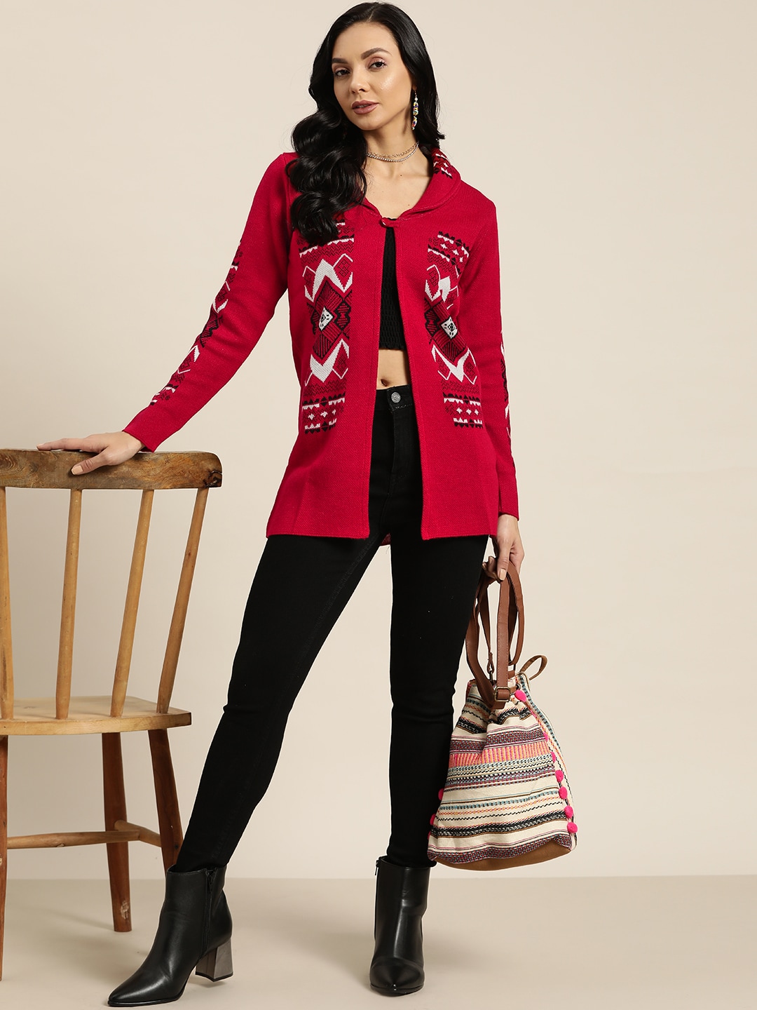 Sangria Women Red & Black Geometric Self Design Longline Front-Open Sweater Price in India
