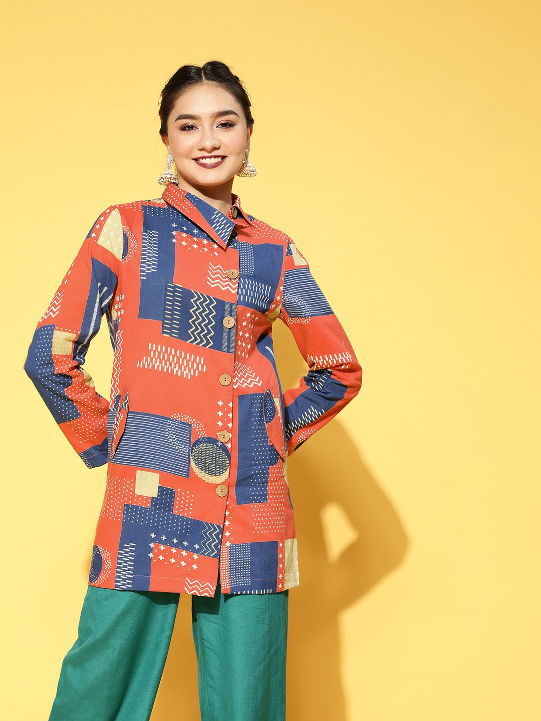 Sangria Women Bright Orange Geometric Fusion Jacket Price in India