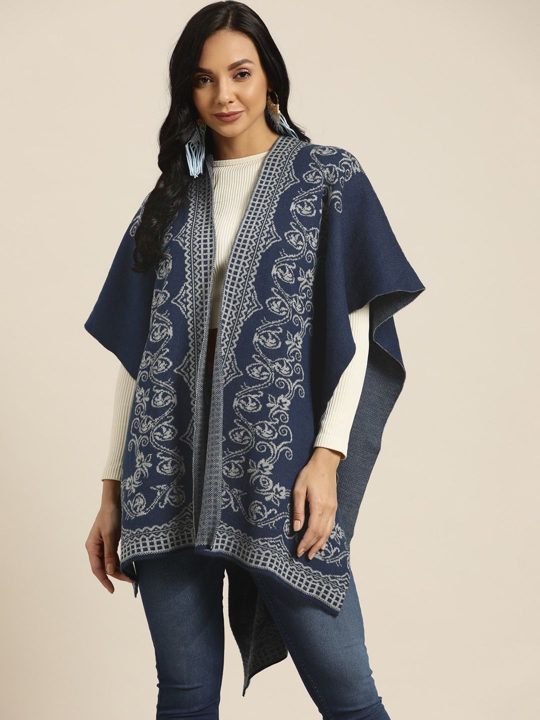 Sangria Women Blue & Grey Ethnic Self Design Longline Shrug Price in India