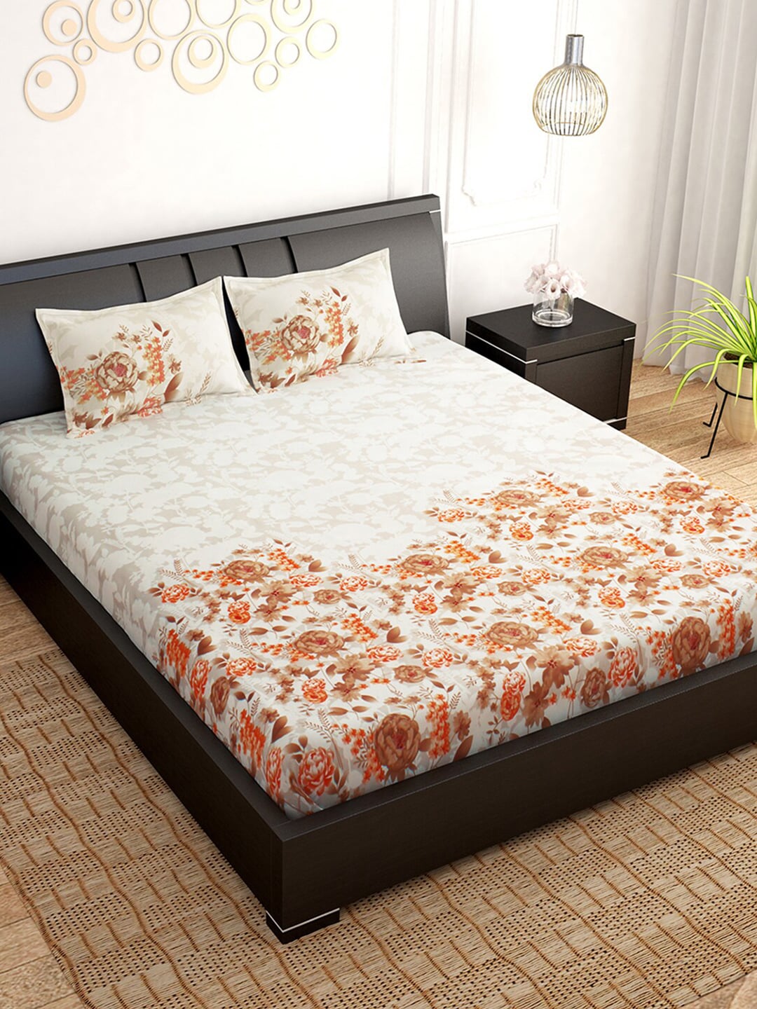 PAVO White & Orange Floral 210 TC King Bedsheet with 2 Pillow Covers Price in India