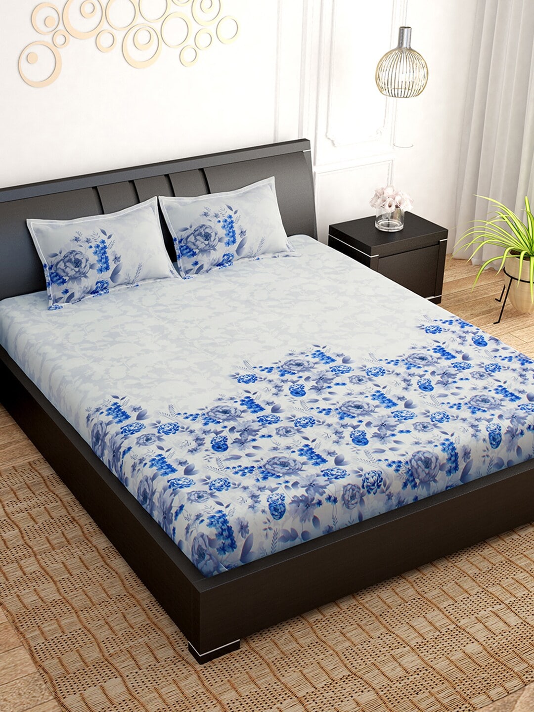 PAVO White & Grey Floral Pure Cotton King Bedsheet with 2 Pillow Covers Price in India