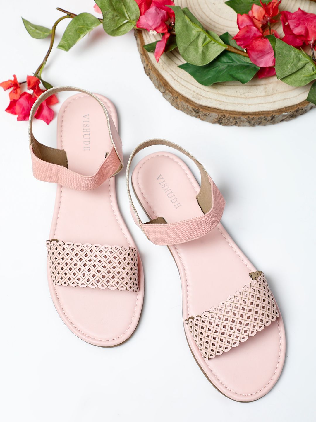 Vishudh Women Pink Open Toe Flats with Laser Cuts Price in India