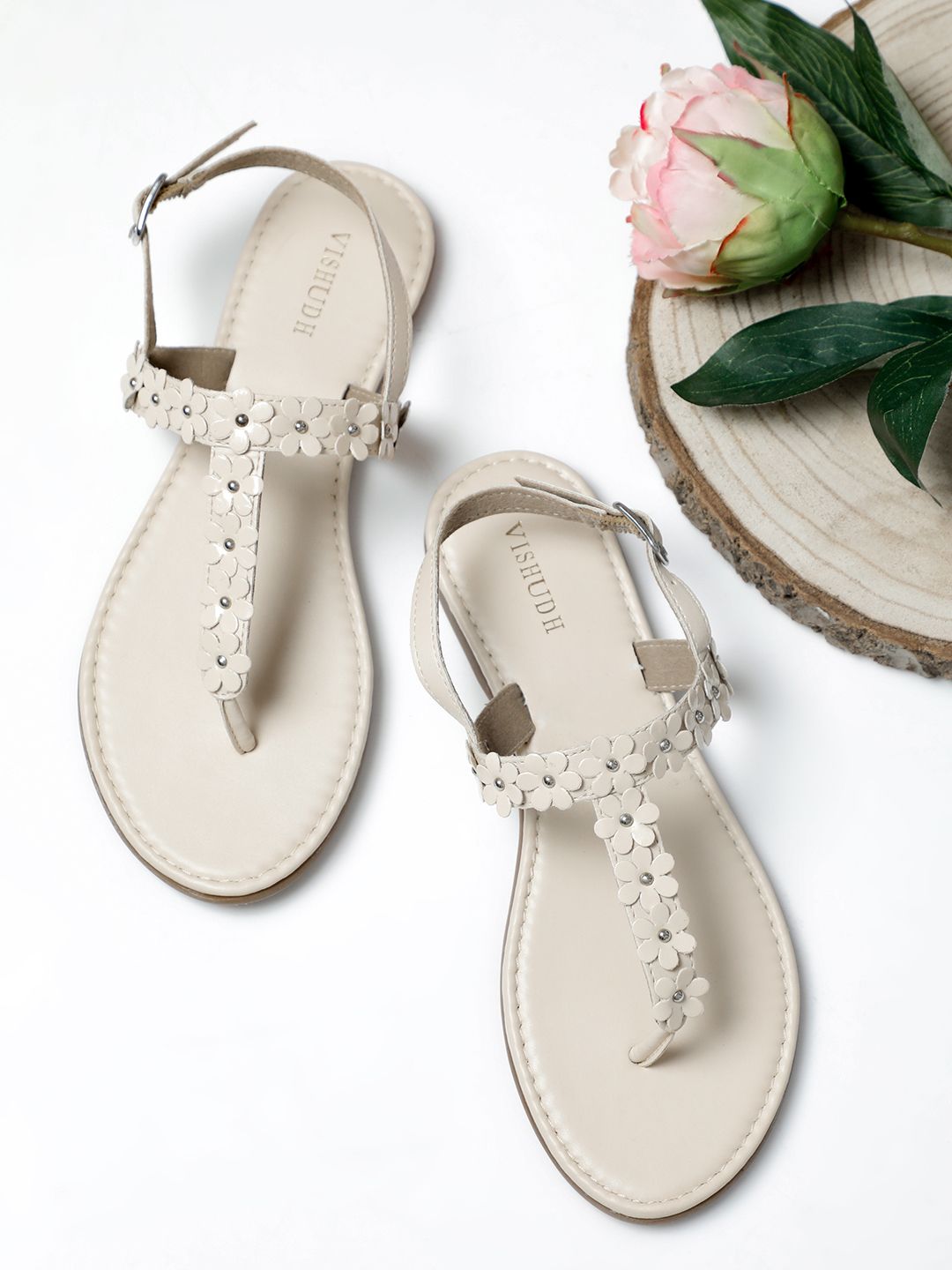 Vishudh Women Cream Embellished T-Strap Flats Price in India