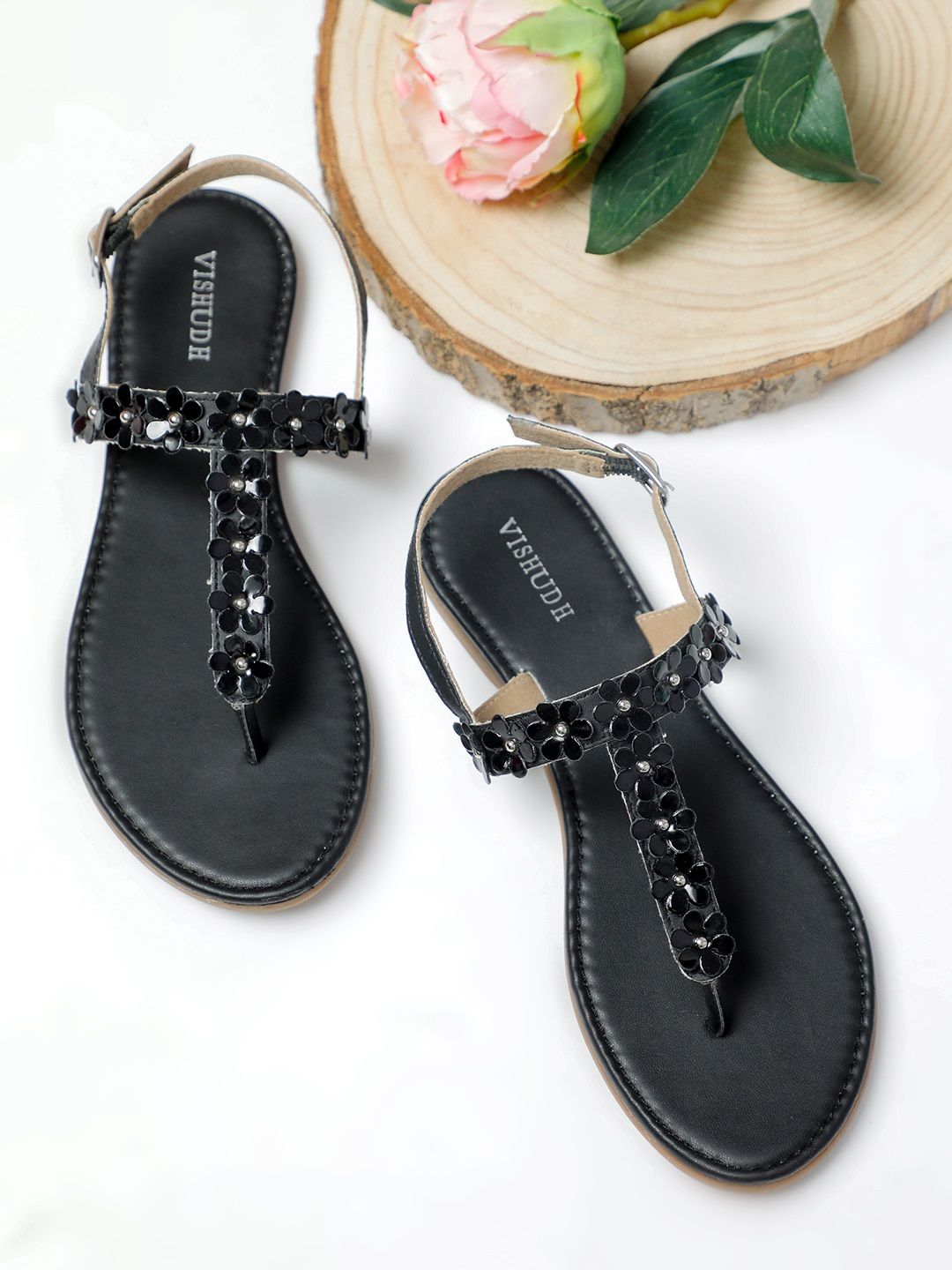 Vishudh Women Black Embellished T-Strap Flats Price in India