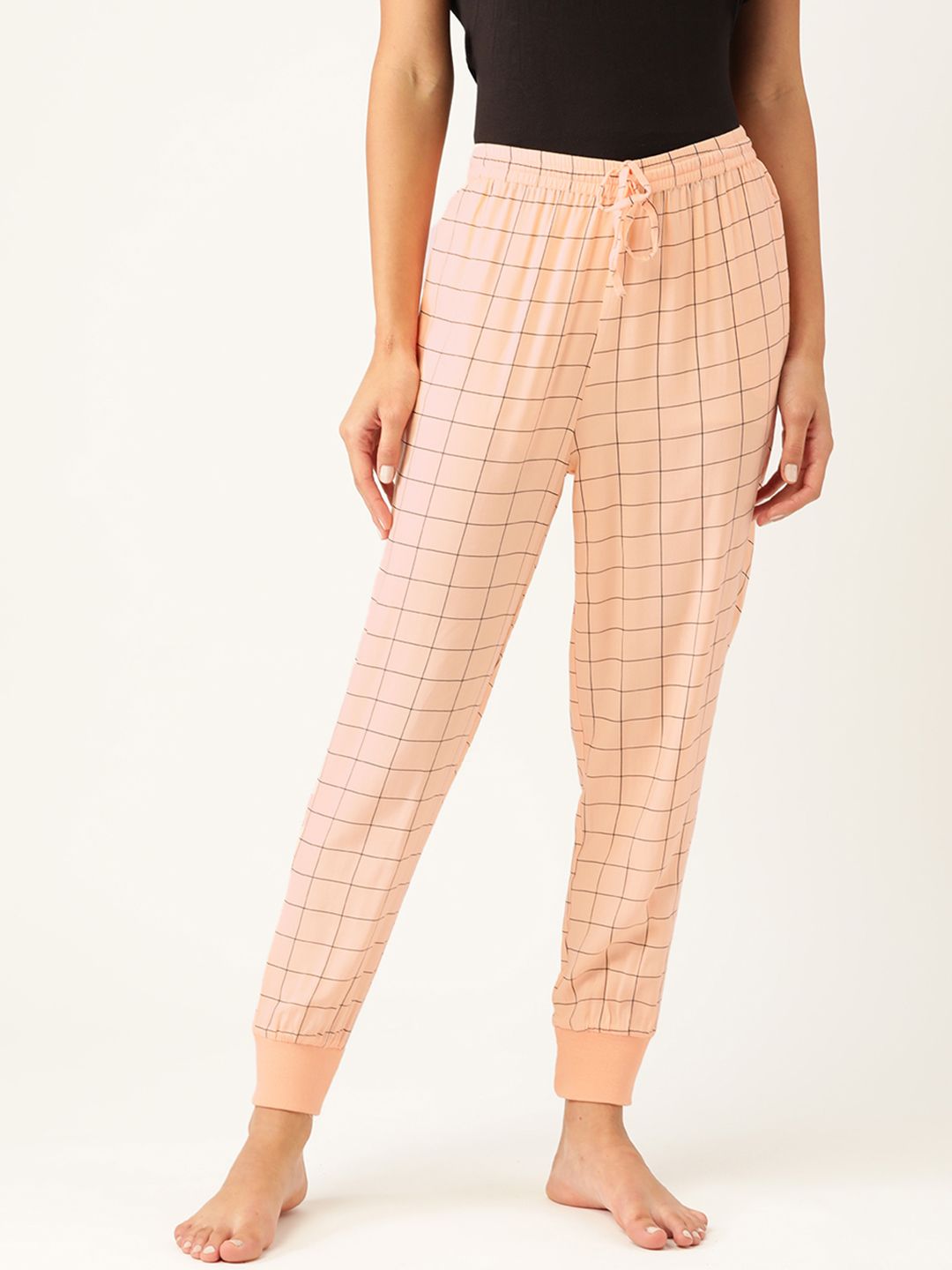 ETC Women Pink & Black Checked Joggers Lounge Pants Price in India