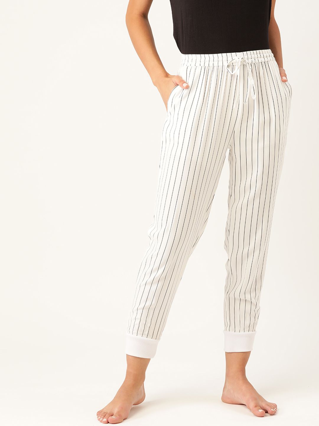 ETC Women White & Black Striped Joggers Lounge Pants Price in India