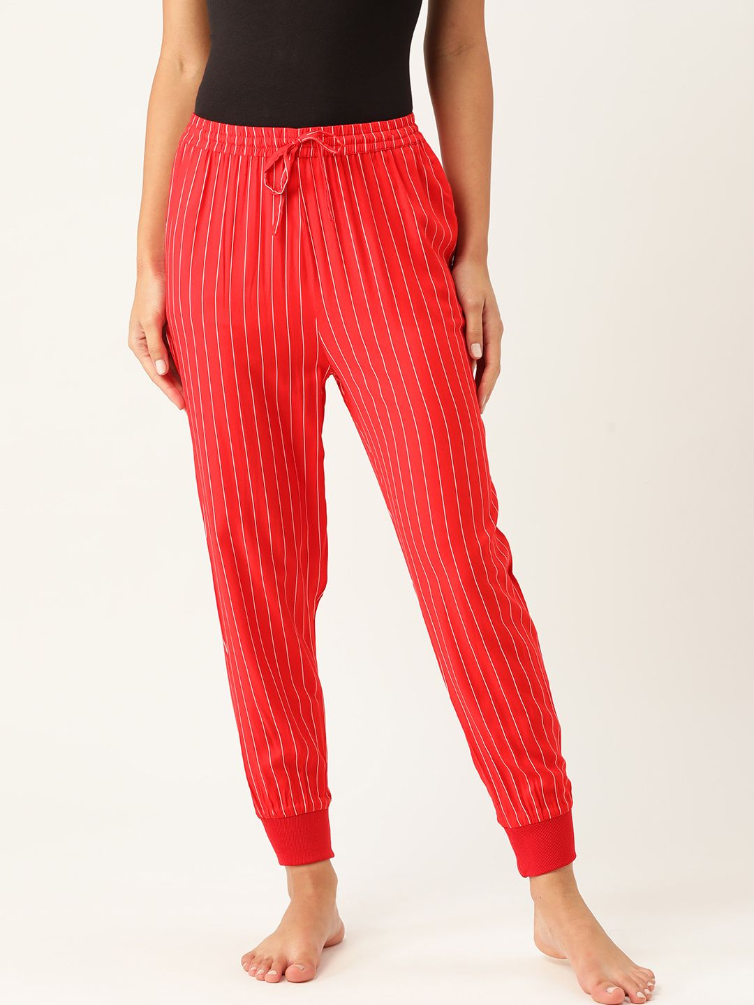 ETC Women Red & White Striped Jogger Style Lounge Pants Price in India