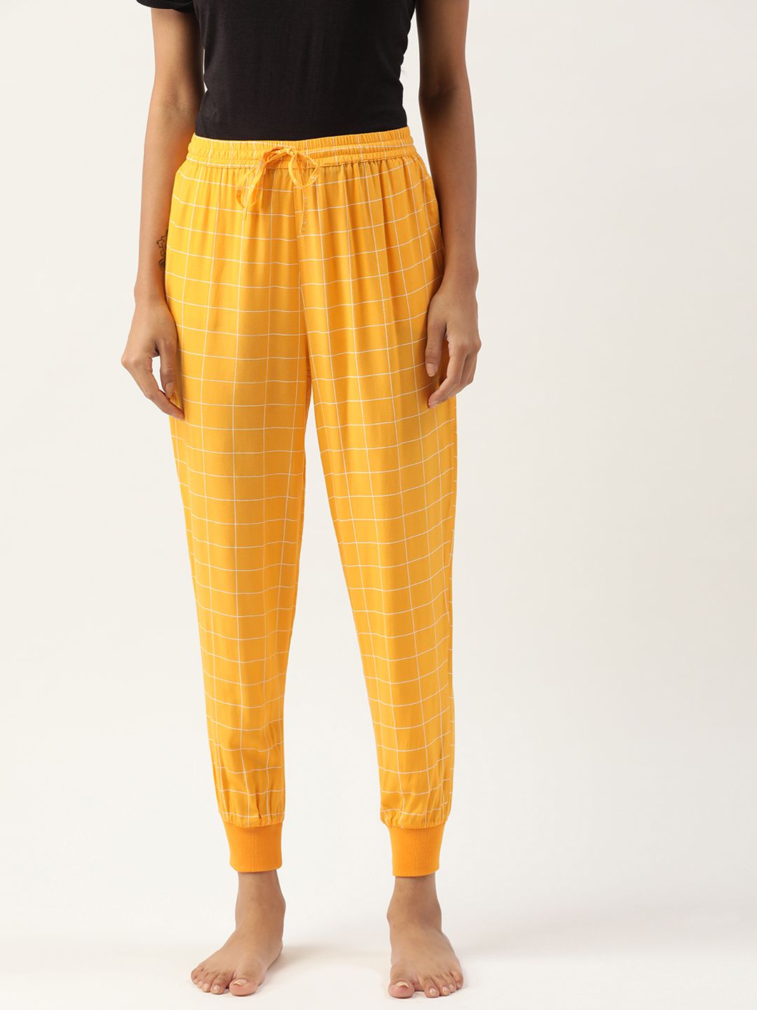 ETC Women Yellow & White Checked Jogger Style Lounge Pants Price in India