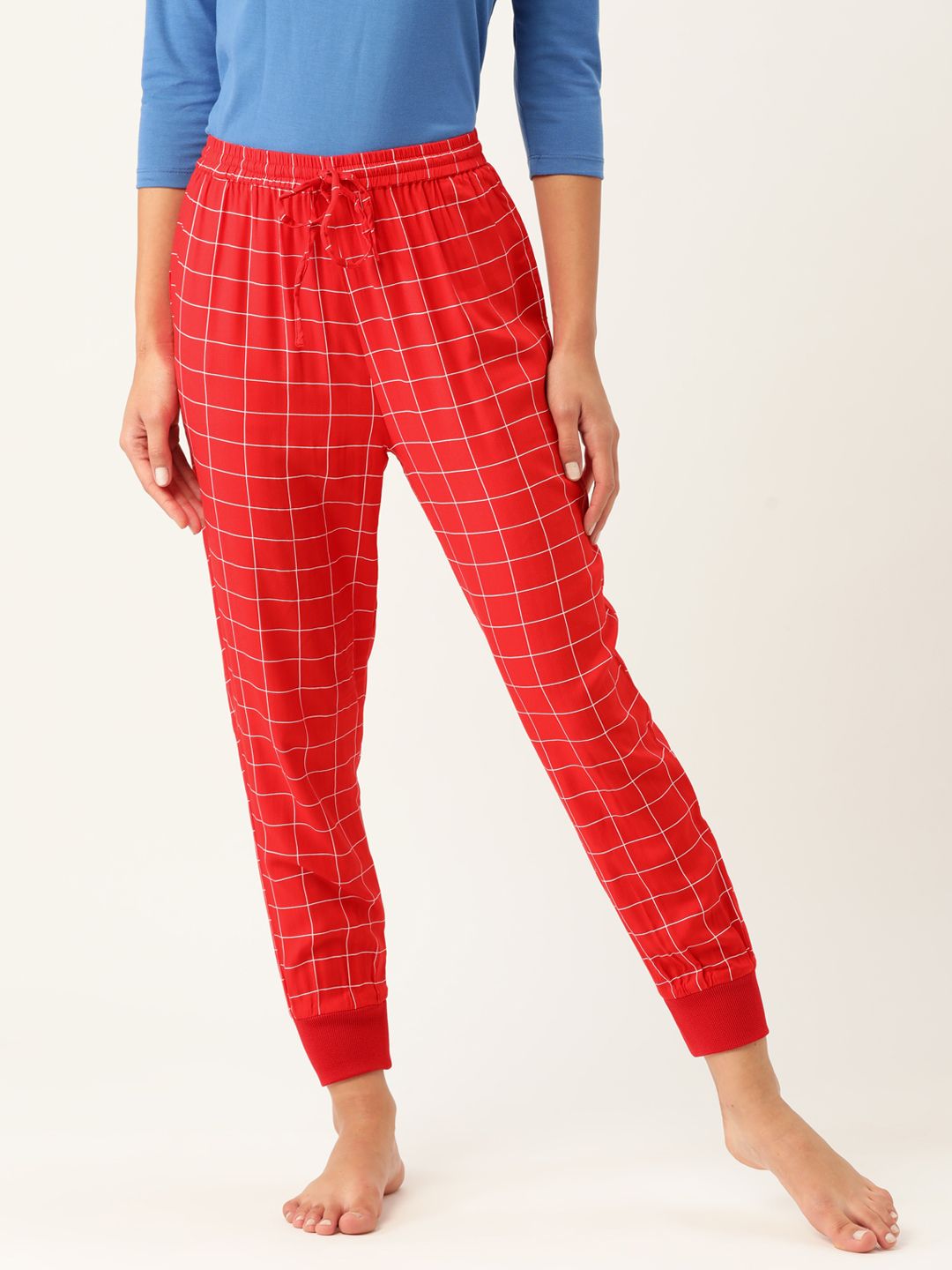 ETC Women Red & White Checked Jogger Style Lounge Pants Price in India