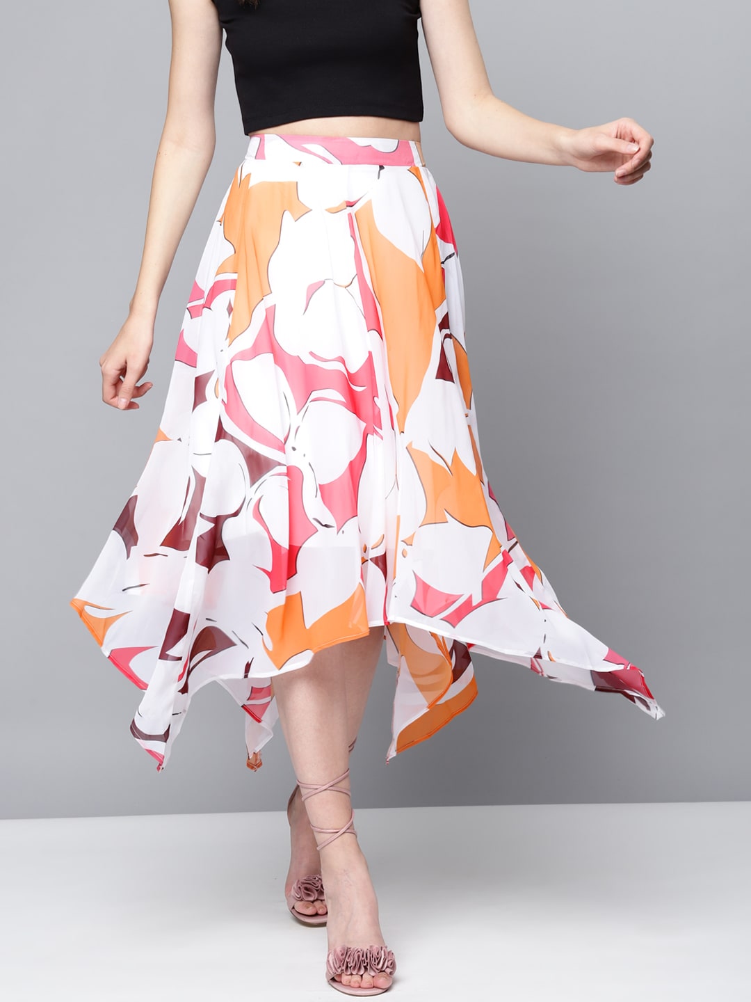 SASSAFRAS Off-White & Orange Floral Print Asymmetric Flared Midi Skirt Price in India
