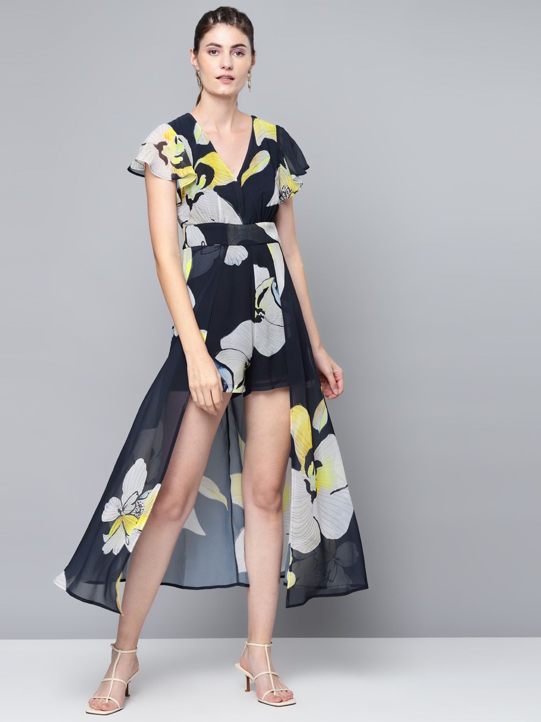 SASSAFRAS Navy Blue & Off White Floral Printed with Layered Playsuit Price in India