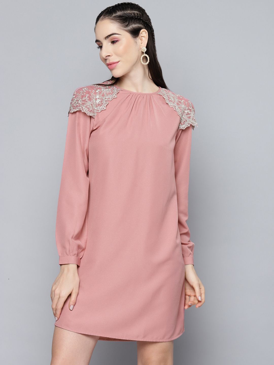 SASSAFRAS Rose Solid Lace Shoulder Patch Shift Dress Price in India