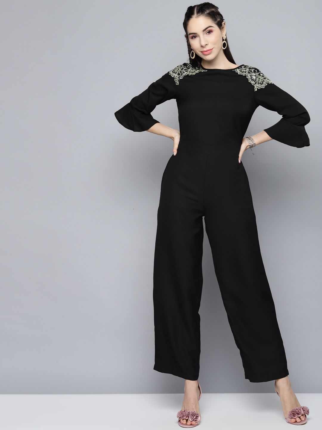 SASSAFRAS Black Basic Solid Jumpsuit with Lace Inserts Price in India