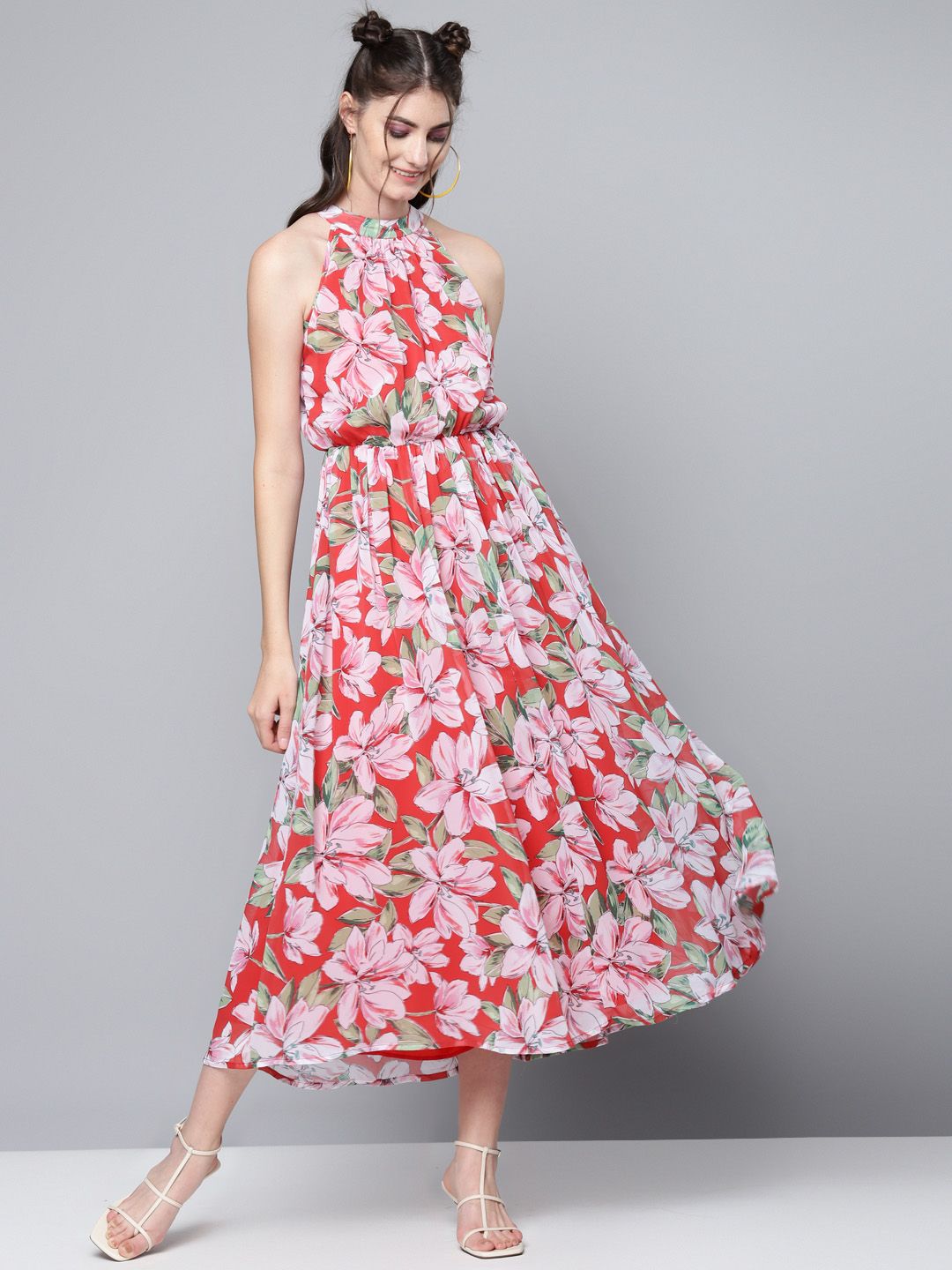 SASSAFRAS Coral Red & Pink Floral Georgette Blouson Midi Dress Price in India