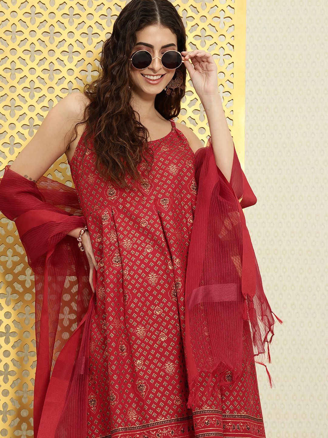 Ode by House of Pataudi Women Red & Gold Printed Strappy Flared Jashn Kurta with Dupatta Price in India