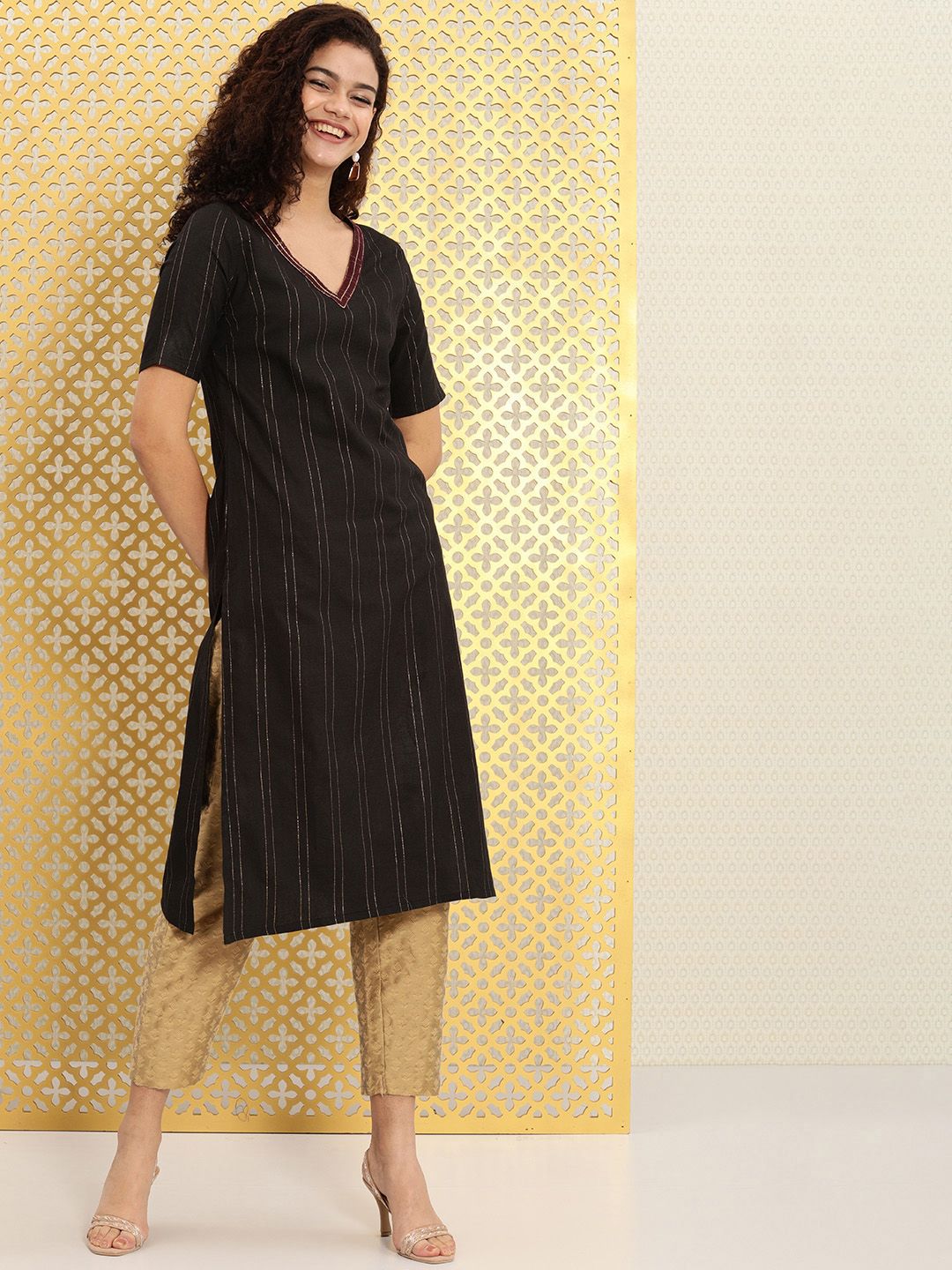 Ode by House of Pataudi Women Black & Beige Striped Kurta Price in India