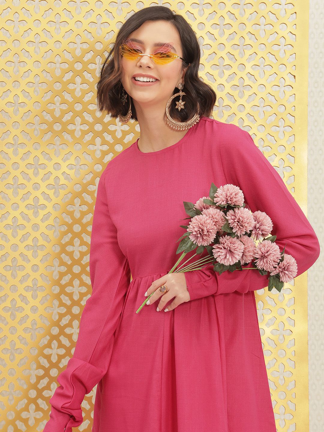 Ode by House of Pataudi Women Pink Solid Pleated Kurta Price in India