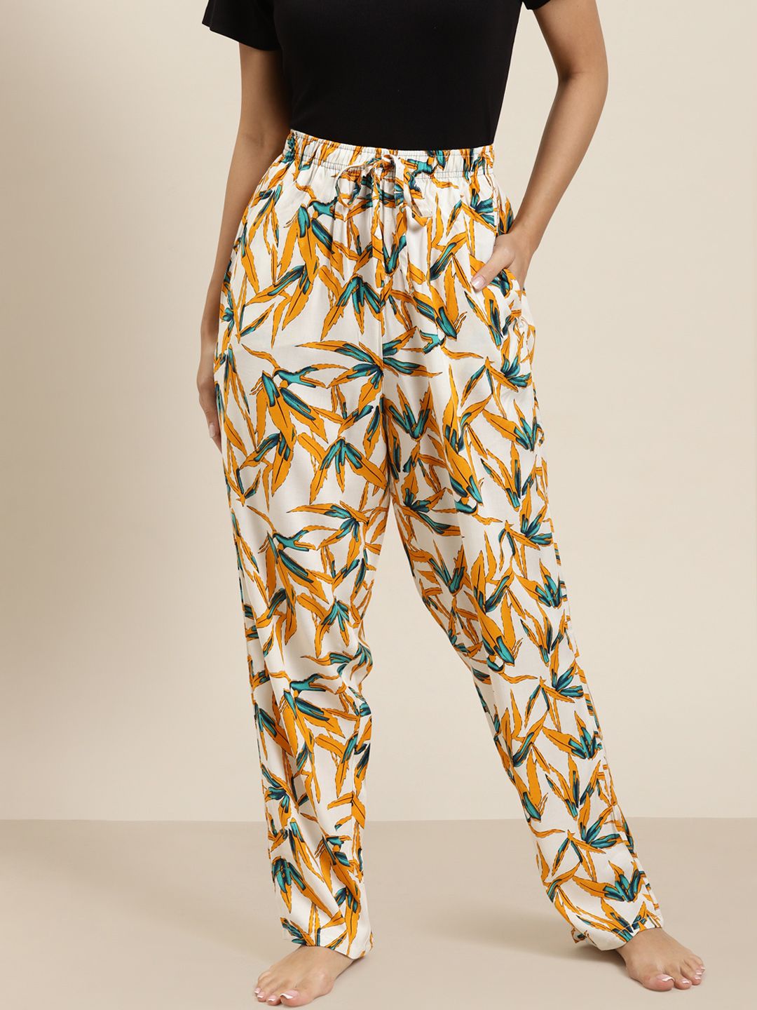 Hancock Women White & Yellow Printed Lounge Pants Price in India