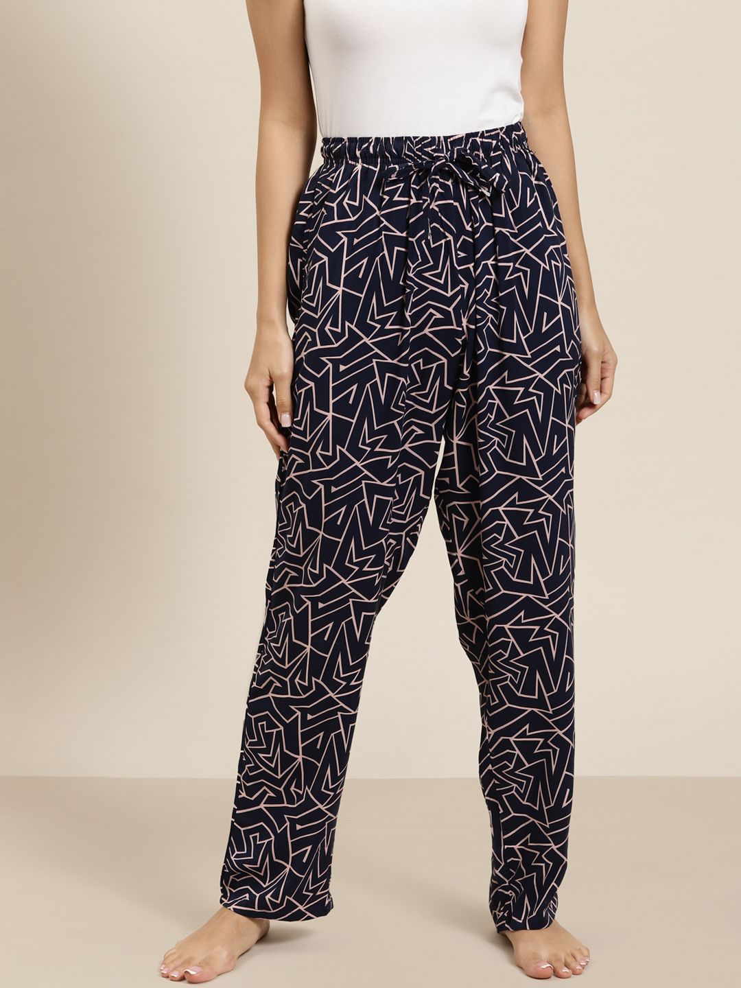 Hancock Women Navy Blue & Beige Printed Lounge Pants Price in India