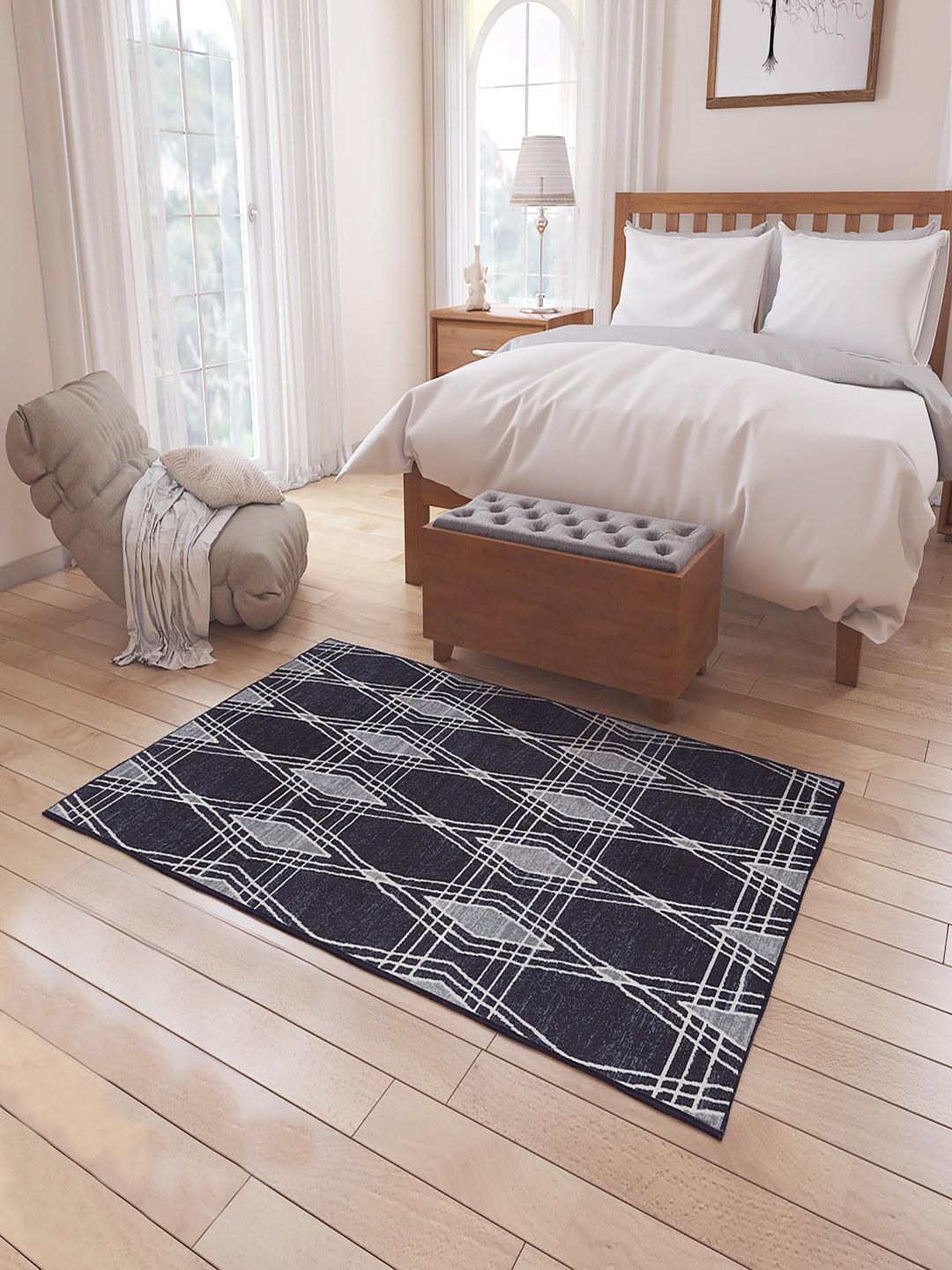 Status Navy Blue & White Geometric Printed Anti-Skid Carpet Price in India