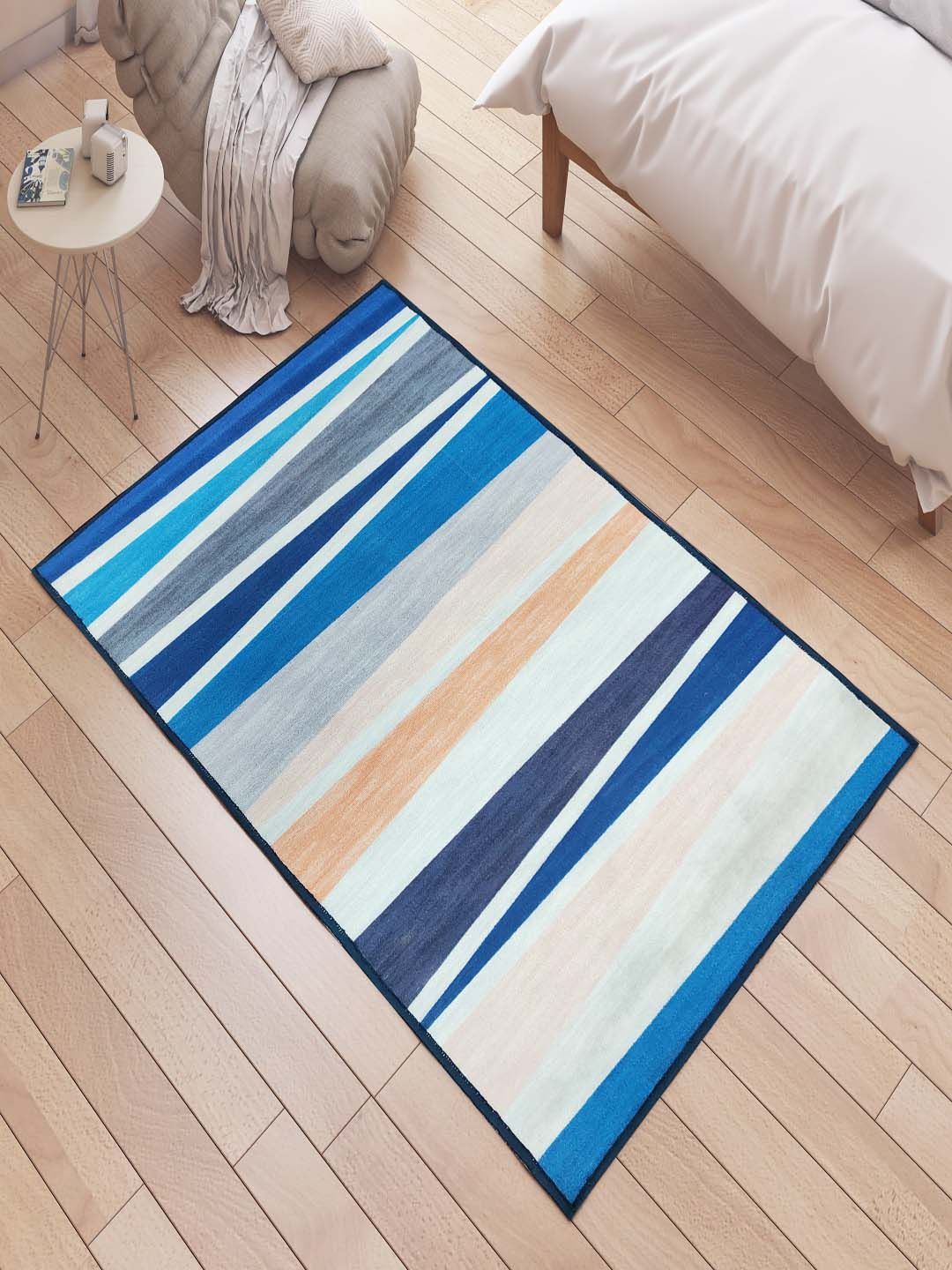 Status Blue & Grey Striped Anti-Skid Rectangular Floor Carpet Price in India