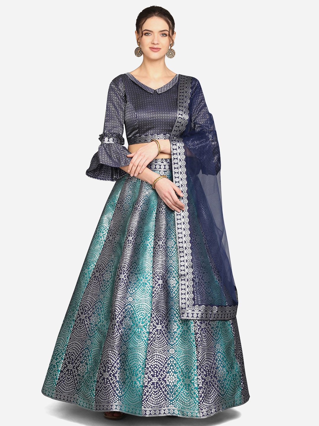 PURVAJA Navy Blue & Silver-Toned Semi-Stitched Lehenga & Unstitched Blouse With Dupatta