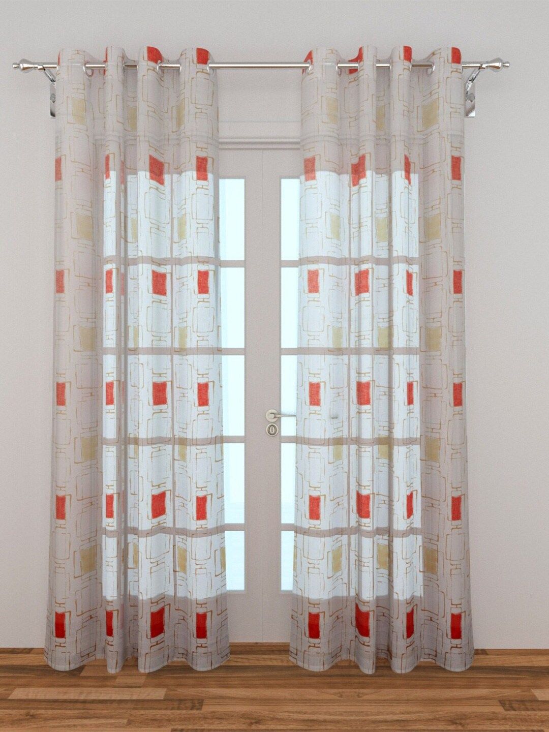 Home Centre White & Red Single Geometric Sheer Door Curtain Price in India