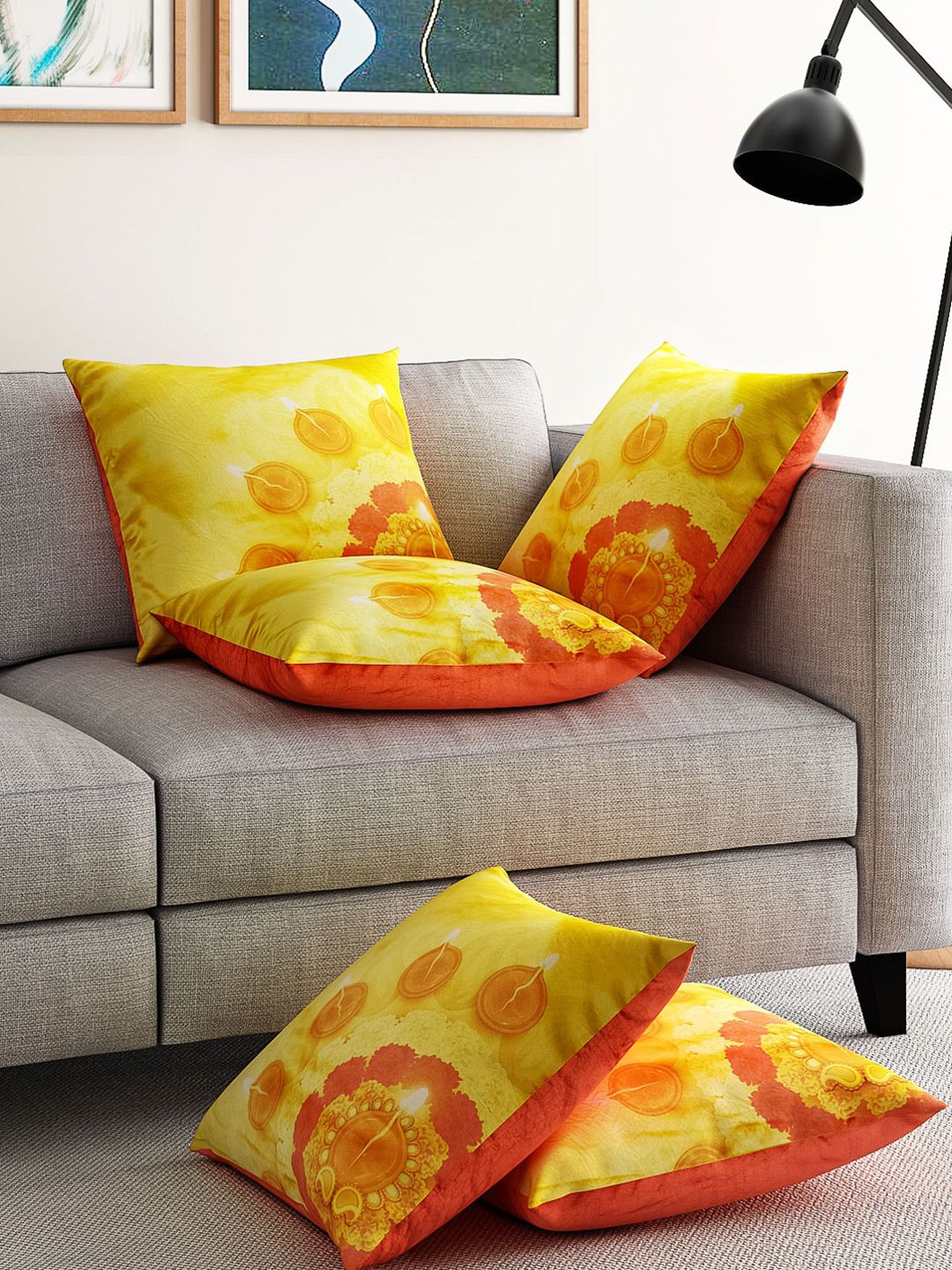 Alina decor Yellow Set of 5 Printed 16"x16" Square Cushion Covers Price in India