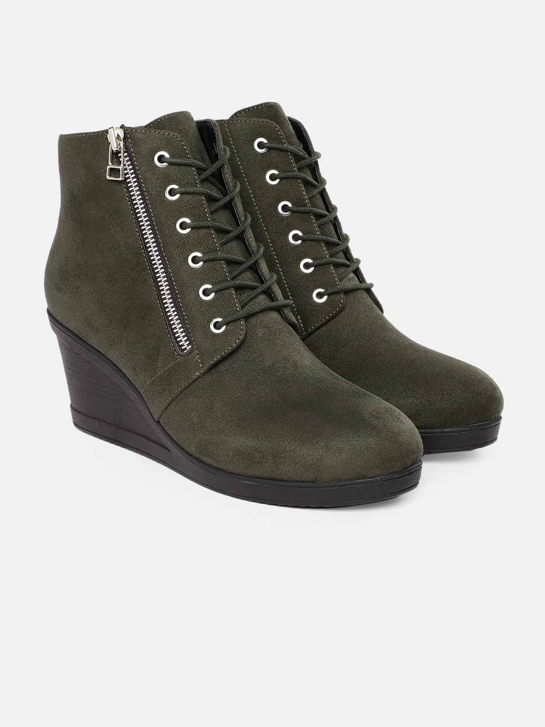 Roadster Olive Green Solid Suede Finish Mid-Top Wedge Heeled Boots Price in India