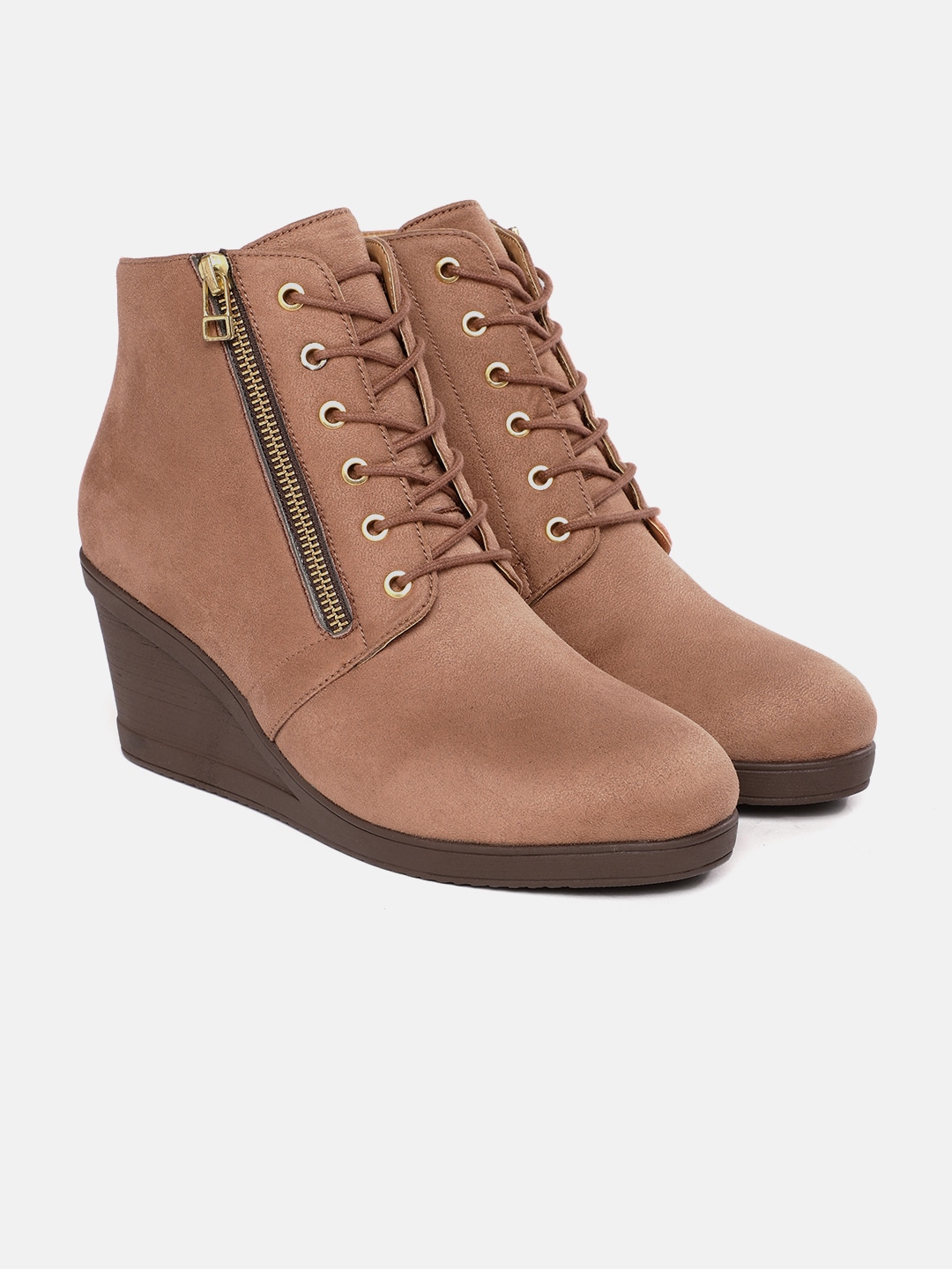 DressBerry Women Nude-Coloured Suede Finish Mid-Top Heeled Boots Price in India