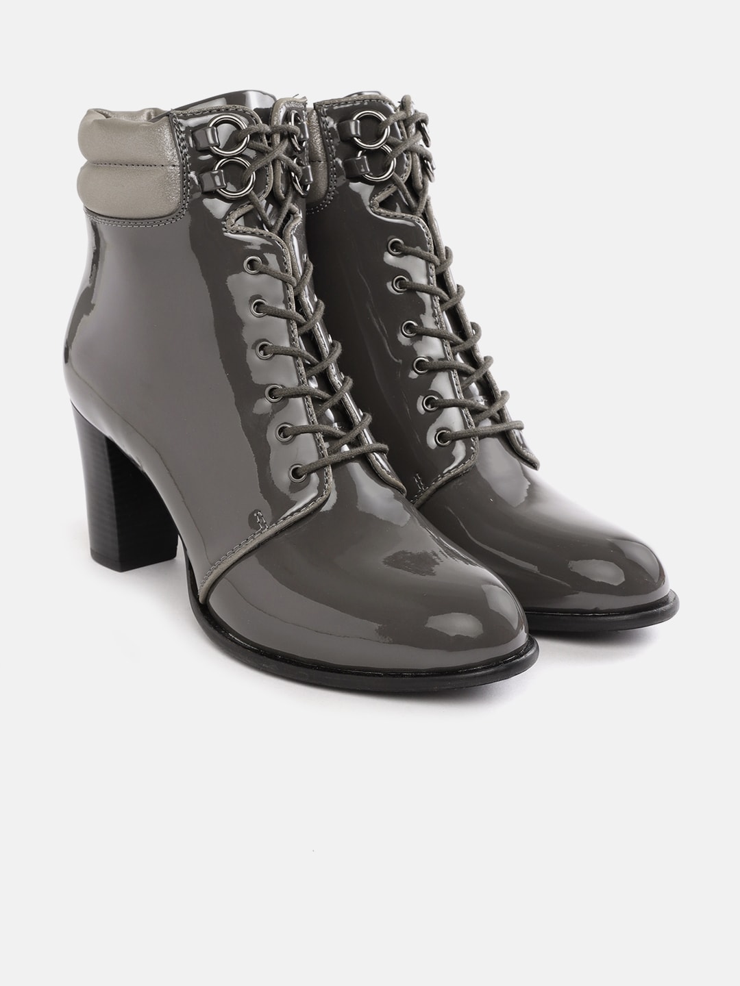 DressBerry Charcoal Grey Glossy Finish Block Mid-Top Heeled Boots with Quilted Detail Price in India