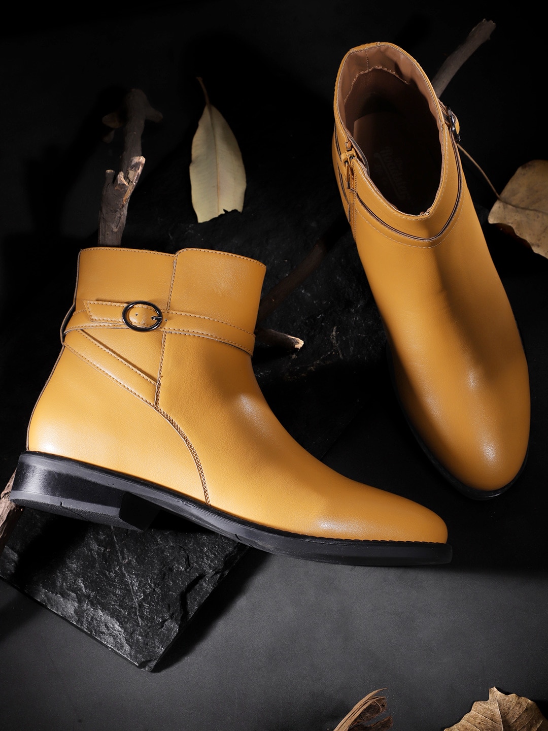 Roadster Women Mustard Yellow Solid Mid-Top Flat Boots Price in India