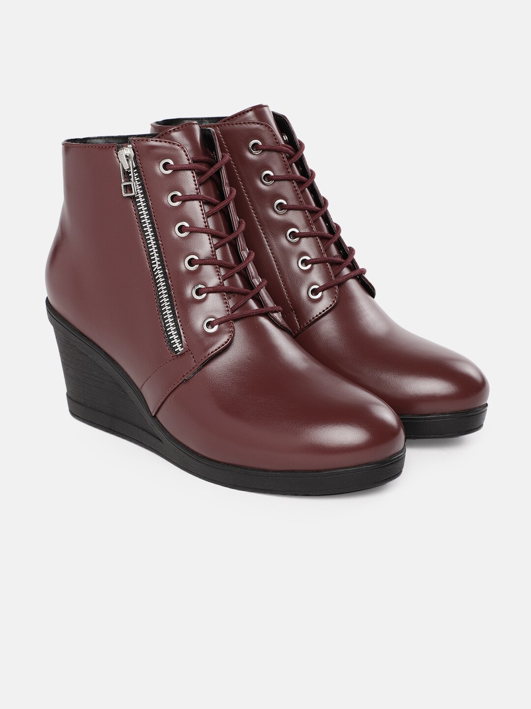Roadster Women Burgundy Solid Mid-Top Wedge Heeled Boots Price in India
