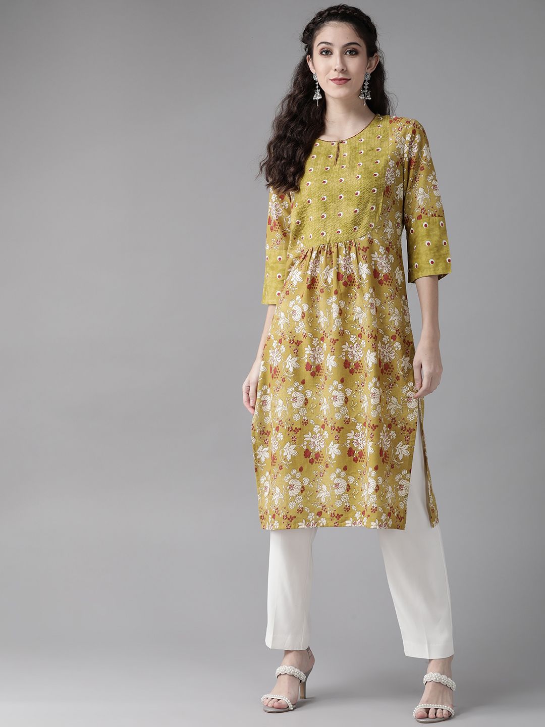 W Women Green Floral Printed Kurta Price in India