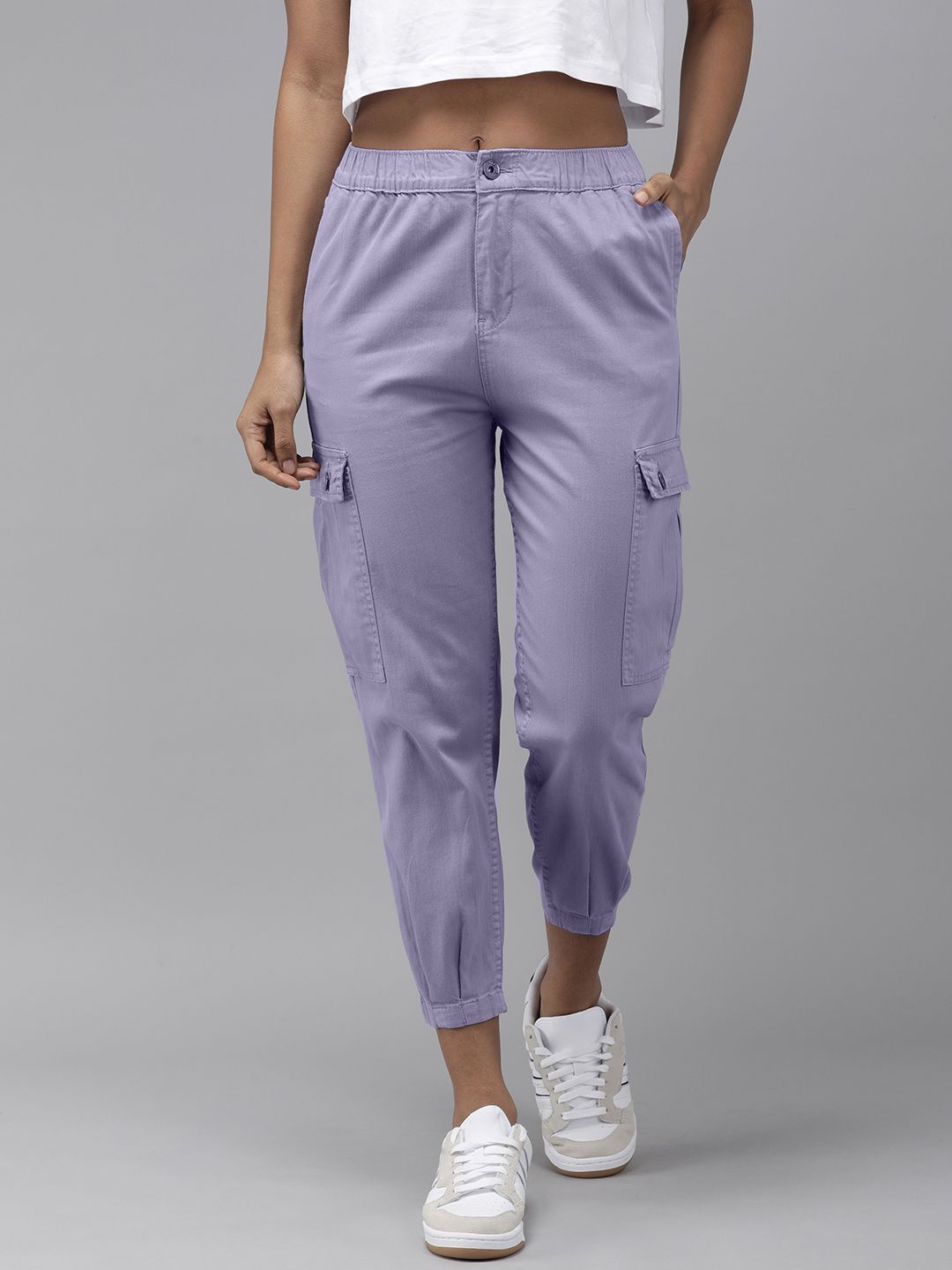 Roadster Women Lavender Solid Regular Fit Mid-Rise Cargos Trousers Price in India