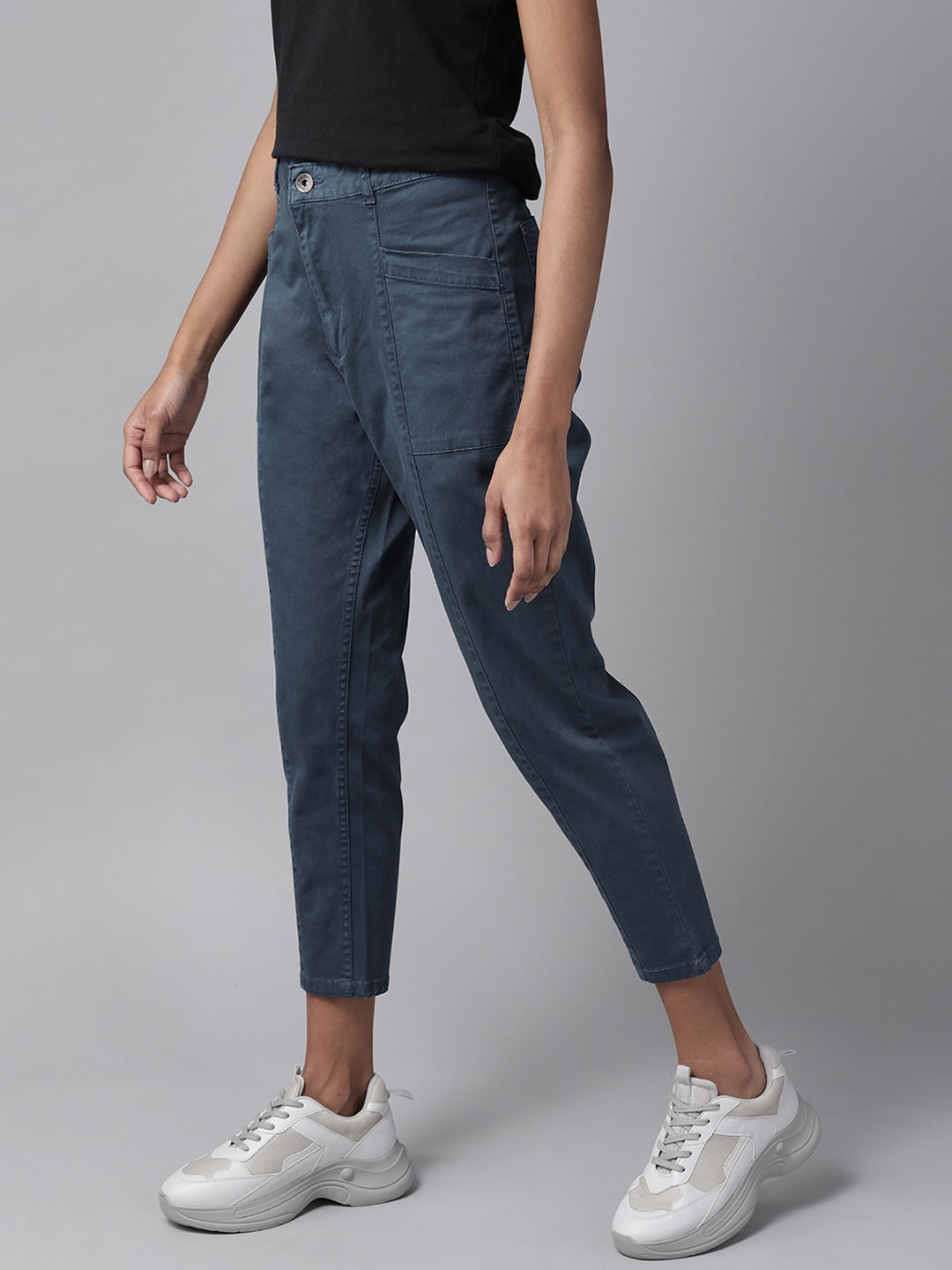 Roadster Women Navy Blue Solid Trousers Price in India