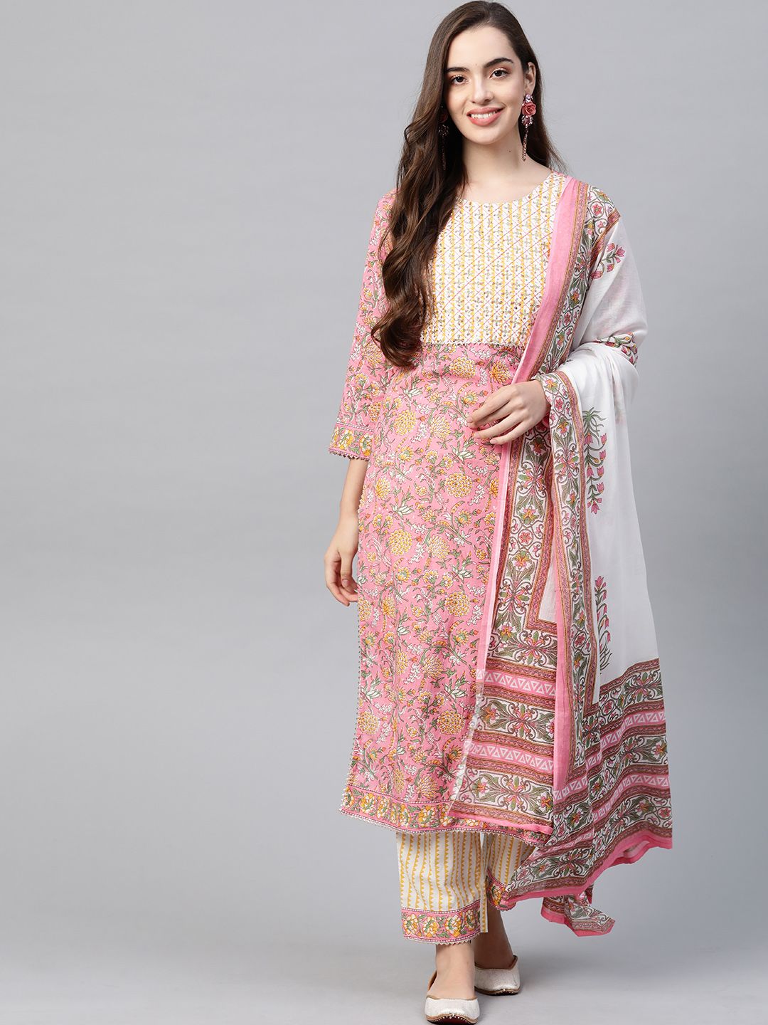 Yufta Women Pink & Yellow Handblock Printed Pure Cotton Kurta with Trousers & Dupatta Price in India