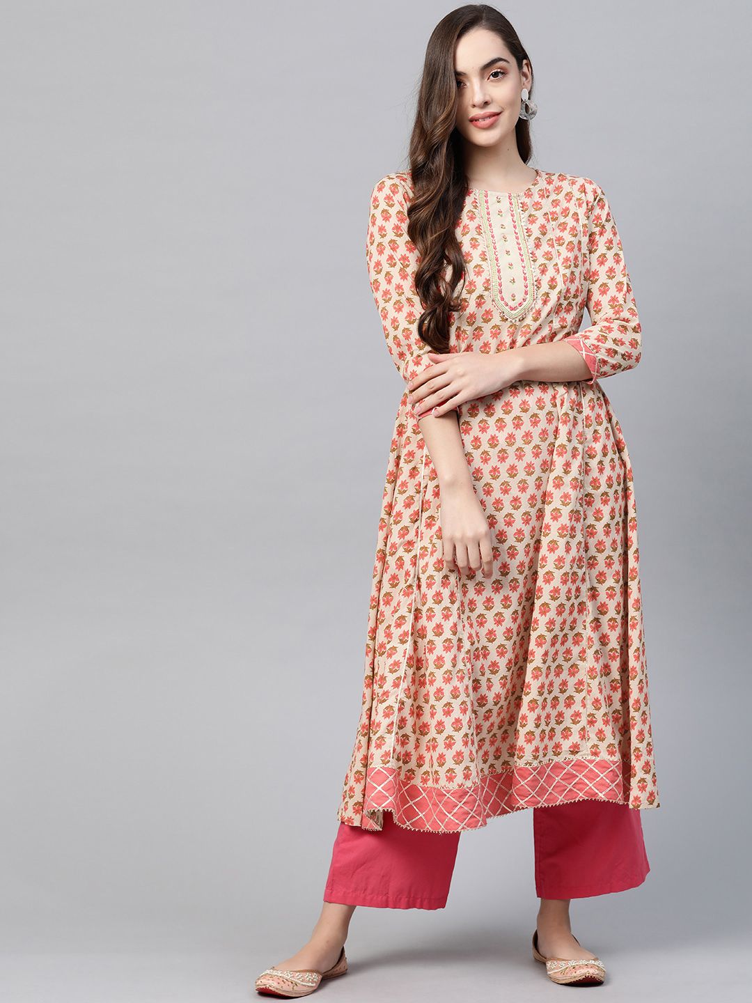 Yufta Women Beige & Peach-Coloured Ethnic Motifs Print Handblocked Cotton A-Line Kurta