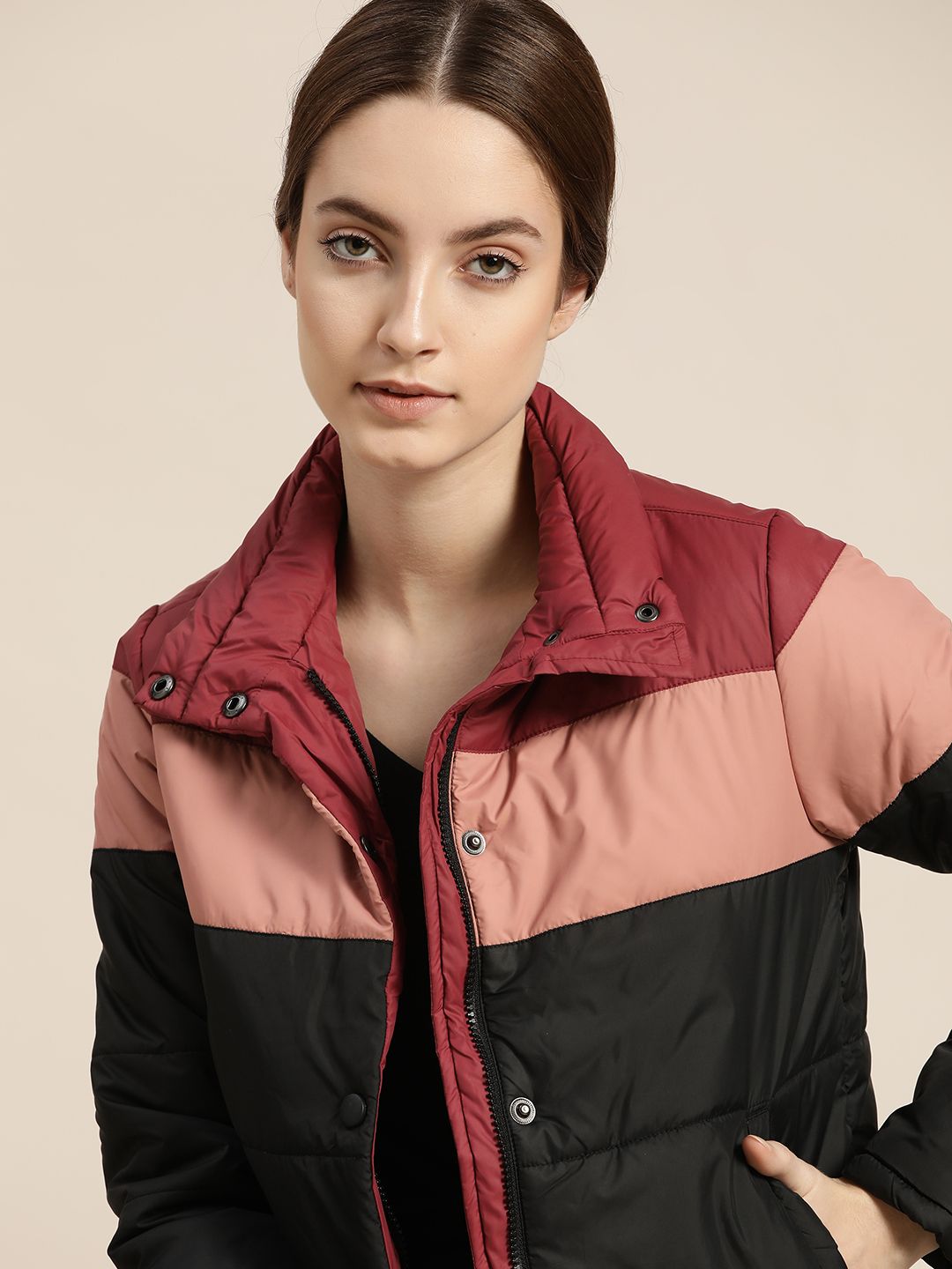 ether Women Black Pink Colourblocked Padded Jacket Price in India