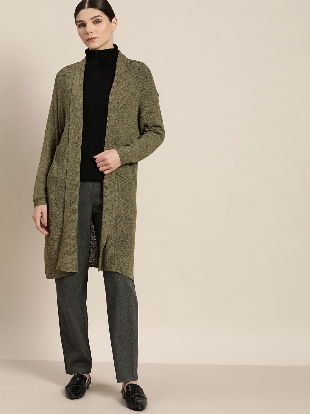 ether Women Olive Green Solid Longline Front-Open Sweater Price in India