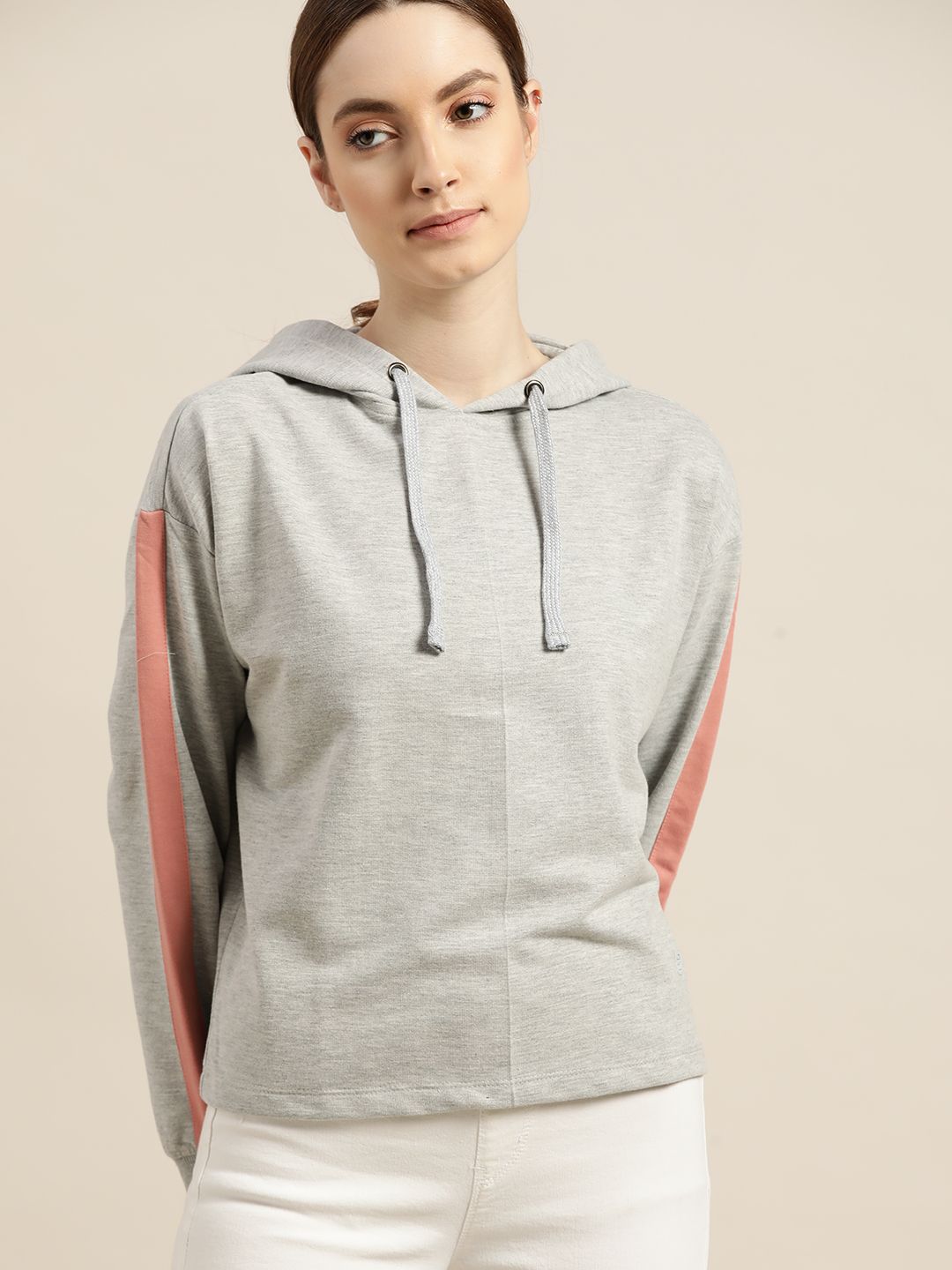 ether Women Grey Melange Solid Hooded Sweatshirt Price in India
