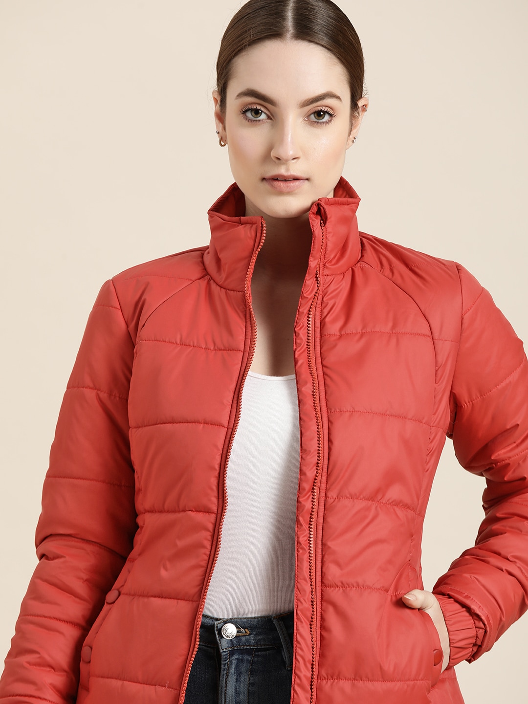 ether Women Red Solid Padded Jacket Price in India