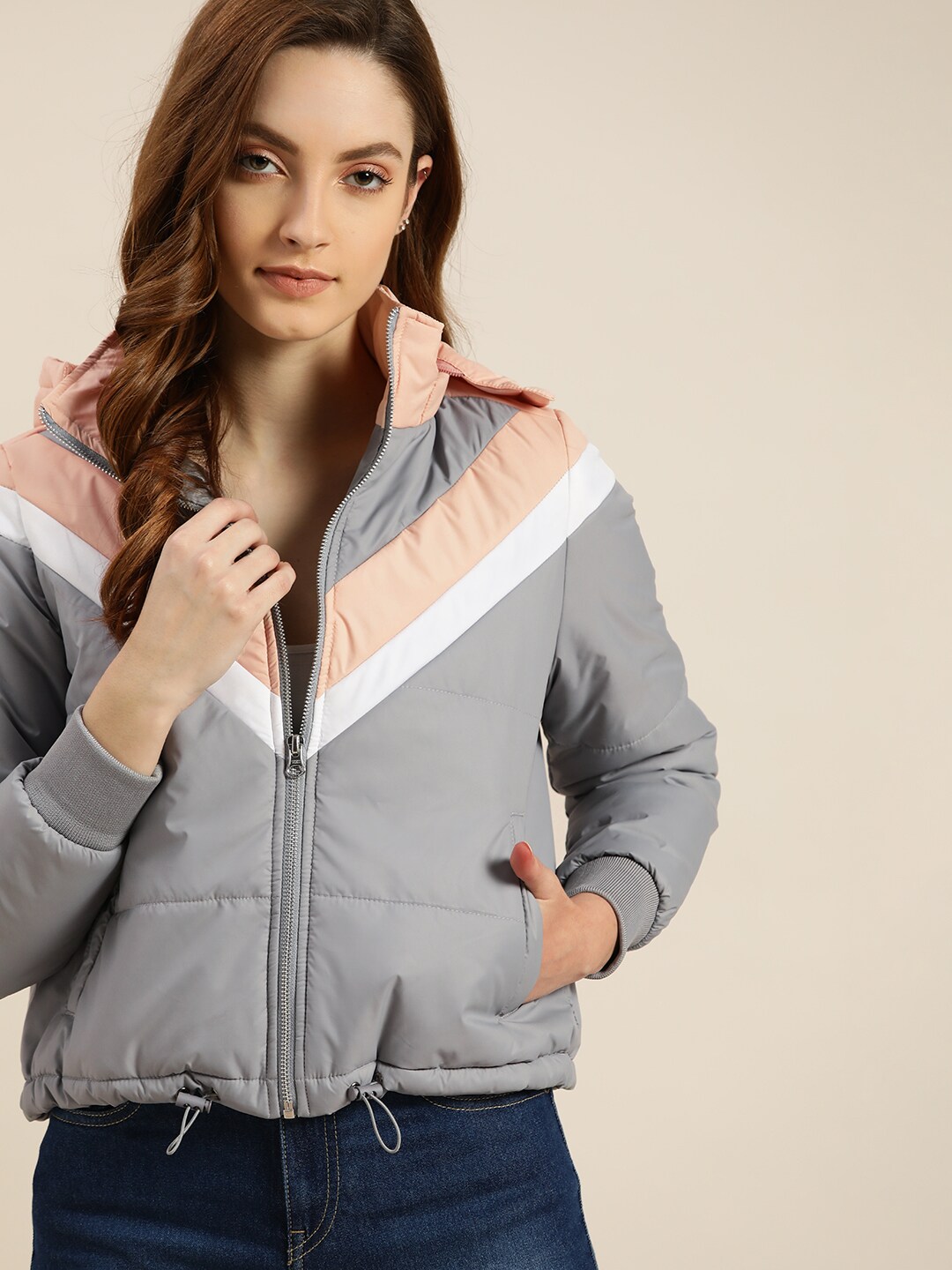 ether Women Grey & Peach-Coloured Striped Padded Detachable Hooded Jacket Price in India