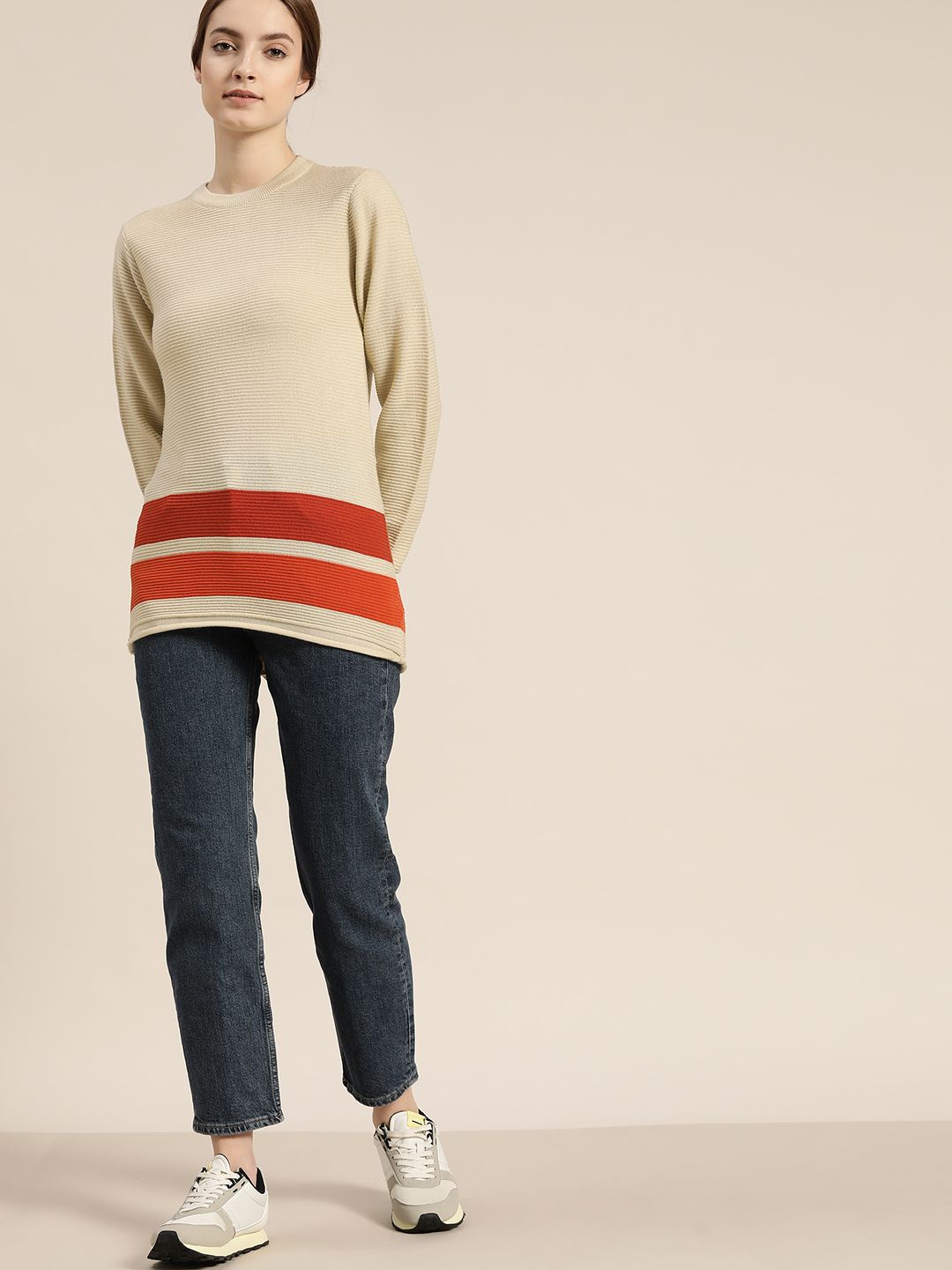 ether Women Beige & Rust Orange Self-Design Striped Acrylic Pullover Sweater Price in India