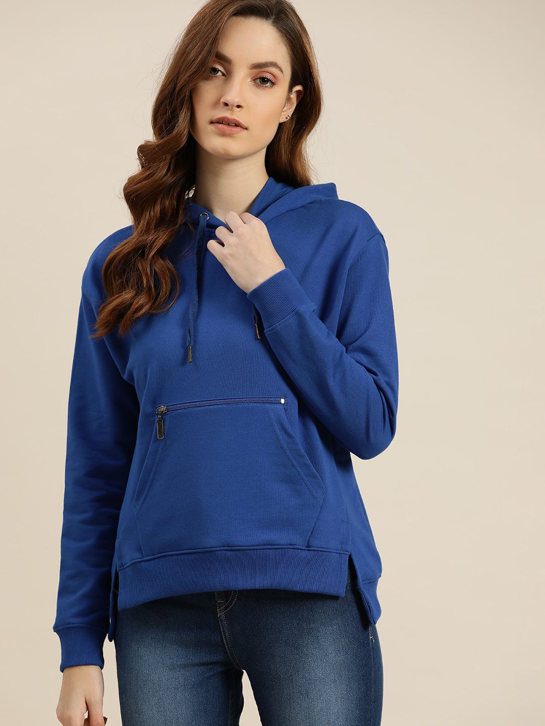 ether Women Navy Blue Solid Hooded Sweatshirt Price in India