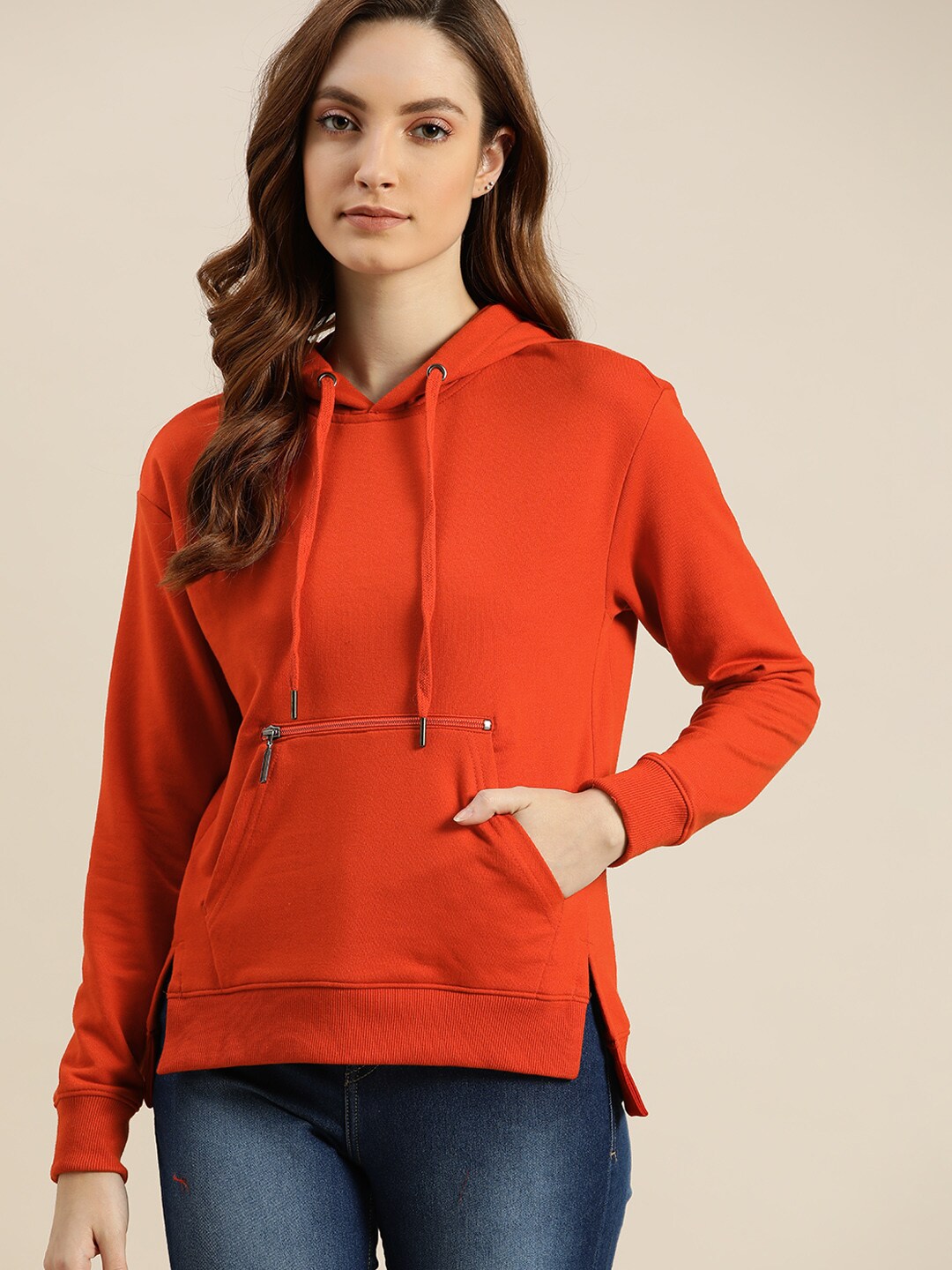 ether Women Rust Orange Solid Hooded Sweatshirt Price in India