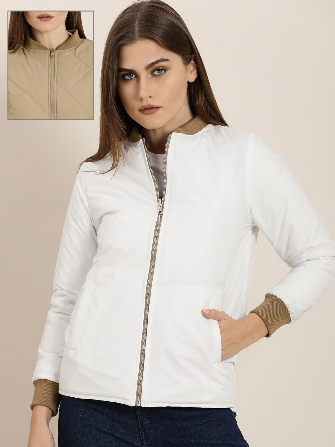 ether Women White Reversible Bomber Jacket Price in India